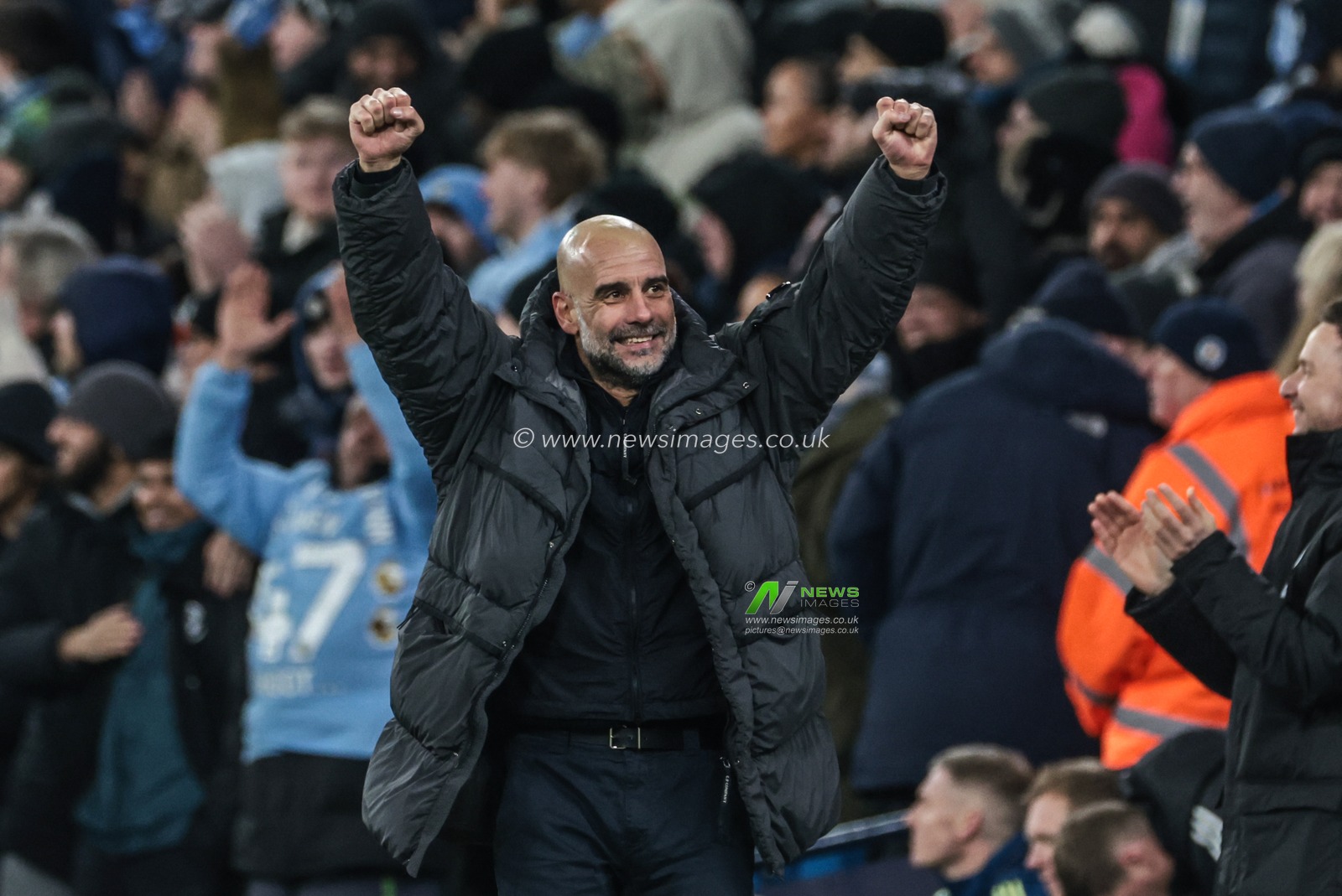 Pep Guardiola manager of Manchester City celebrates a goal from Tijjani Reijnders of Manchester City making it 3-0 during the Carabao Cup Semi-Final second leg match Manchester City vs Newcastle United at Etihad Stadium, Manchester, United Kingdom, 4th February 2026

(Photo by Mark Cosgrove/News Images)