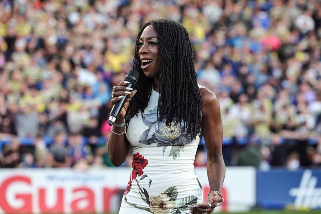 Heather Small sings sings during the Betfred Super League round 9 match Warrington Wolves vs Wigan Warriors at The Halliwell Jones Stadium, Warrington, United Kingdom on 24 April 2026

(Photo by Mark Cosgrove/News Images)