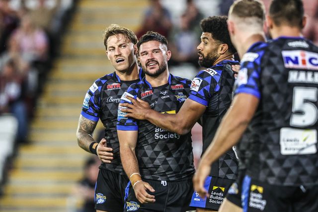 James Bentley of Leeds Rhinos celebrates his try during the Betfred Super League round 21 match Leigh Leopards vs Leeds Rhinos at Leigh Sports Village, Leigh, United Kingdom, 7th August 2025

(Photo by Alfie Cosgrove/News Images)