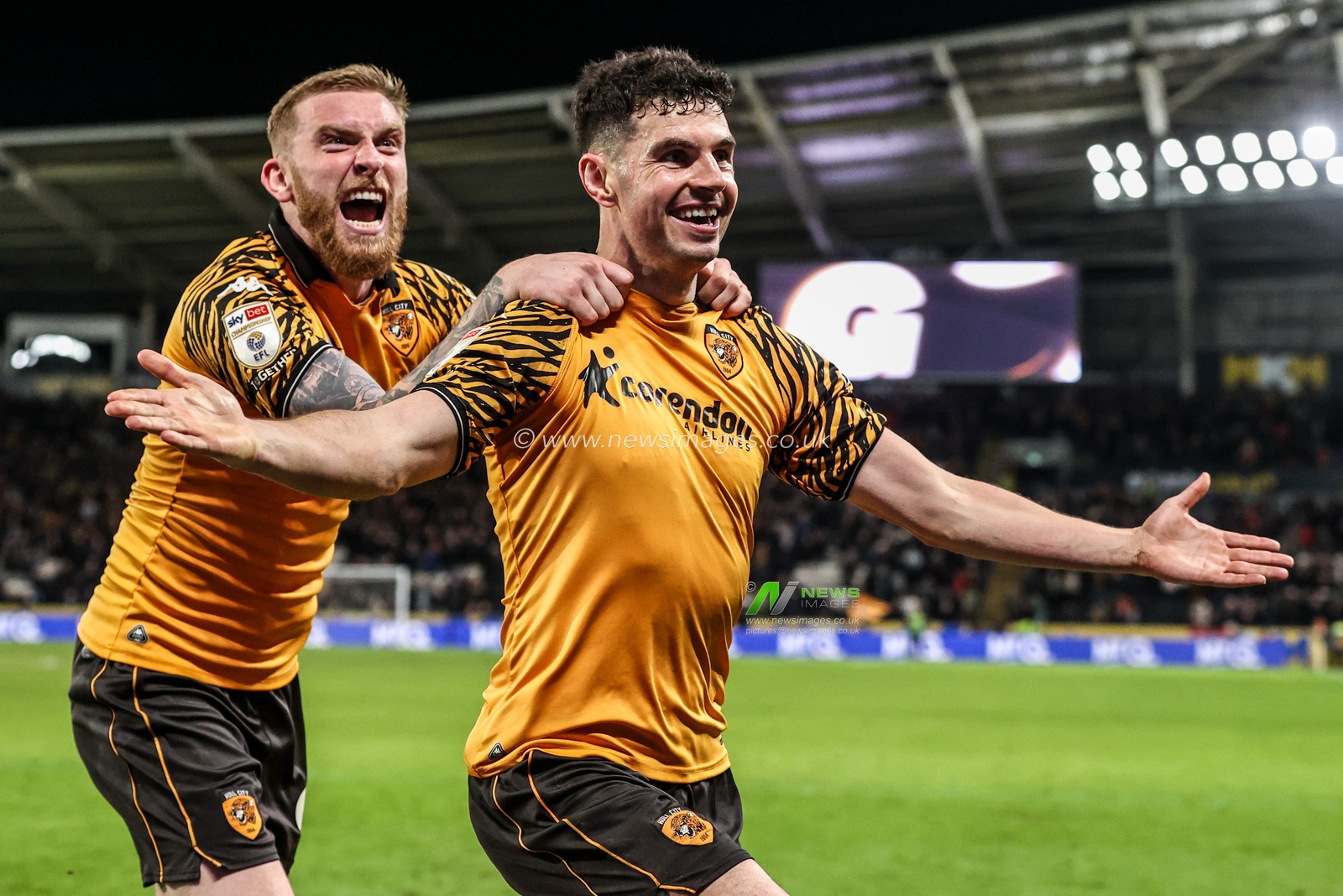 John Egan of Hull City celebrates his goal to make it 3-2 during the Sky Bet Championship match Hull City vs Derby County at MKM Stadium, Hull, United Kingdom on 24 February 2026

(Photo by Alfie Cosgrove/News Images)