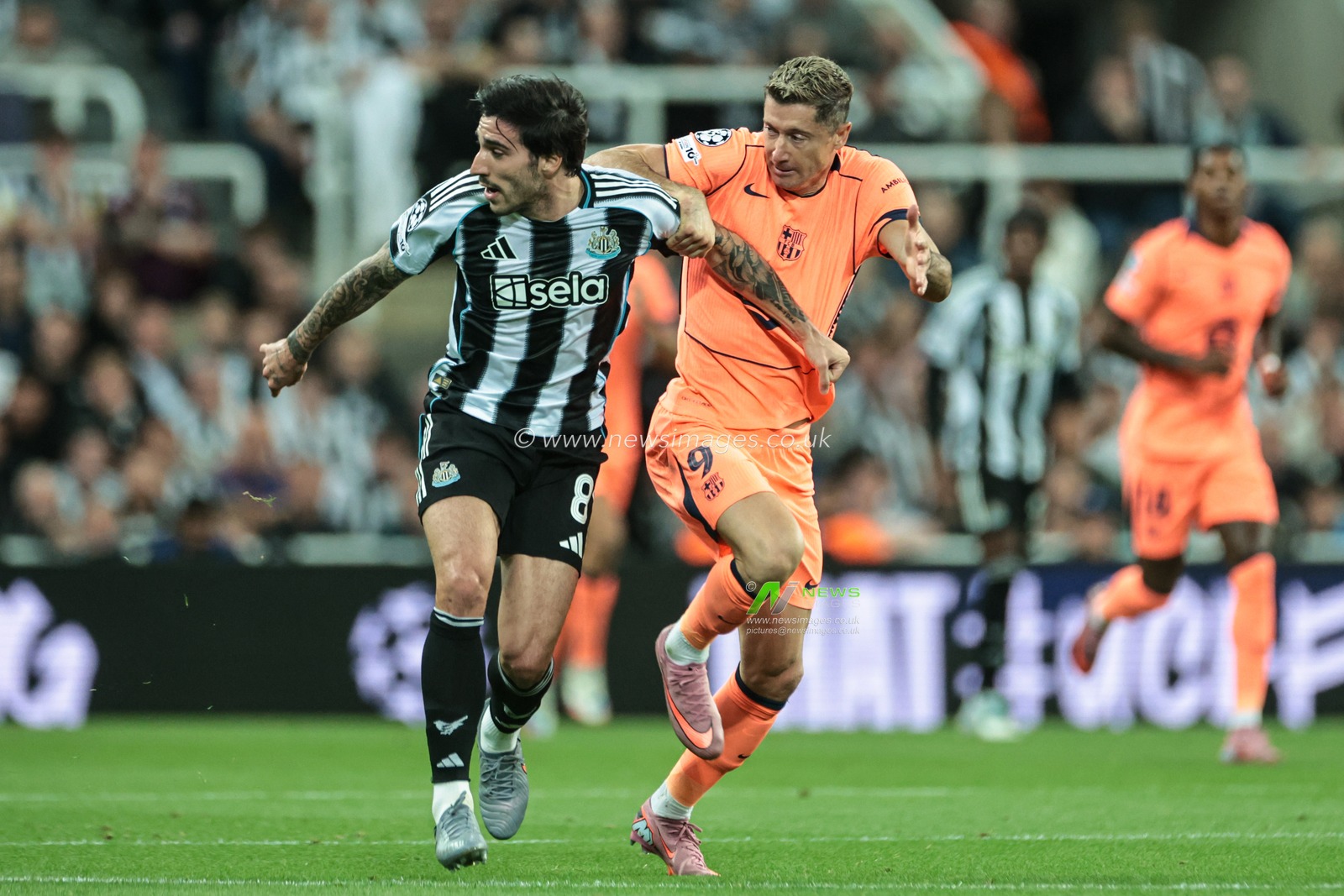 Sandro Tonali of Newcastle Untied holds off Robert Lewandowski of Barcelona during the UEFA Champions League 2025/26 Phase MD1 Newcastle United vs Barcelona at St James's Park, Newcastle, United Kingdom, 18th September 2025

(Photo by Mark Cosgrove/News Images)