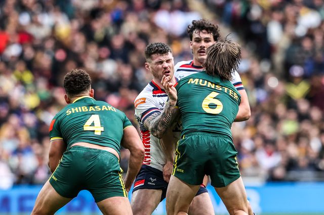 John Bateman of England is tackled by Gehamat Shibasaki of Australia and Cameron Munster of Australia during the The Ashes Series 2025 England vs Australia at Wembley Stadium, London, United Kingdom, 25th October 2025

(Photo by Alfie Cosgrove/News Images)
