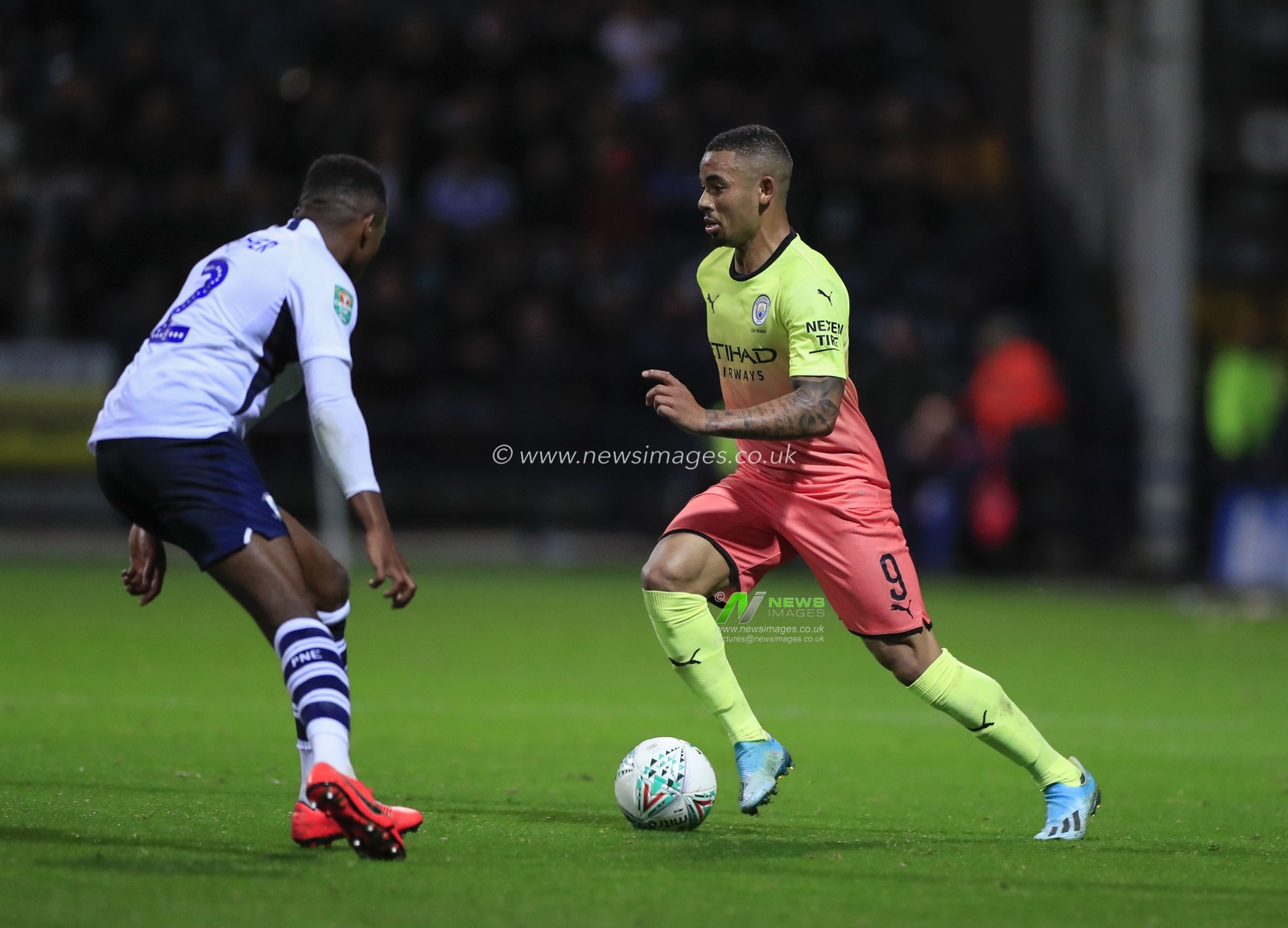 24th September 2019 , Deepdale, Preston, England; EFL Carabao Cup Football, Third Round Preston North End vs Manchester City ;  Gabriel Jesus (09) of Manchester City is confronted by Darnell Fisher (2) of Preston North End
Credit: Conor Molloy/News Images

English Football League images are subject to DataCo Licence