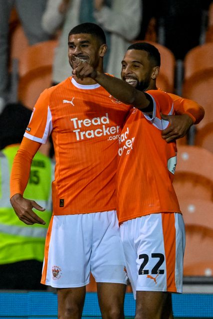 CJ Hamilton of Blackpool  celebrates with team mates during the Sky Bet League 1 match Blackpool vs Luton Town at Bloomfield Road, Blackpool, United Kingdom, 30th September 2025

(Photo by Adam Gee/News Images)
