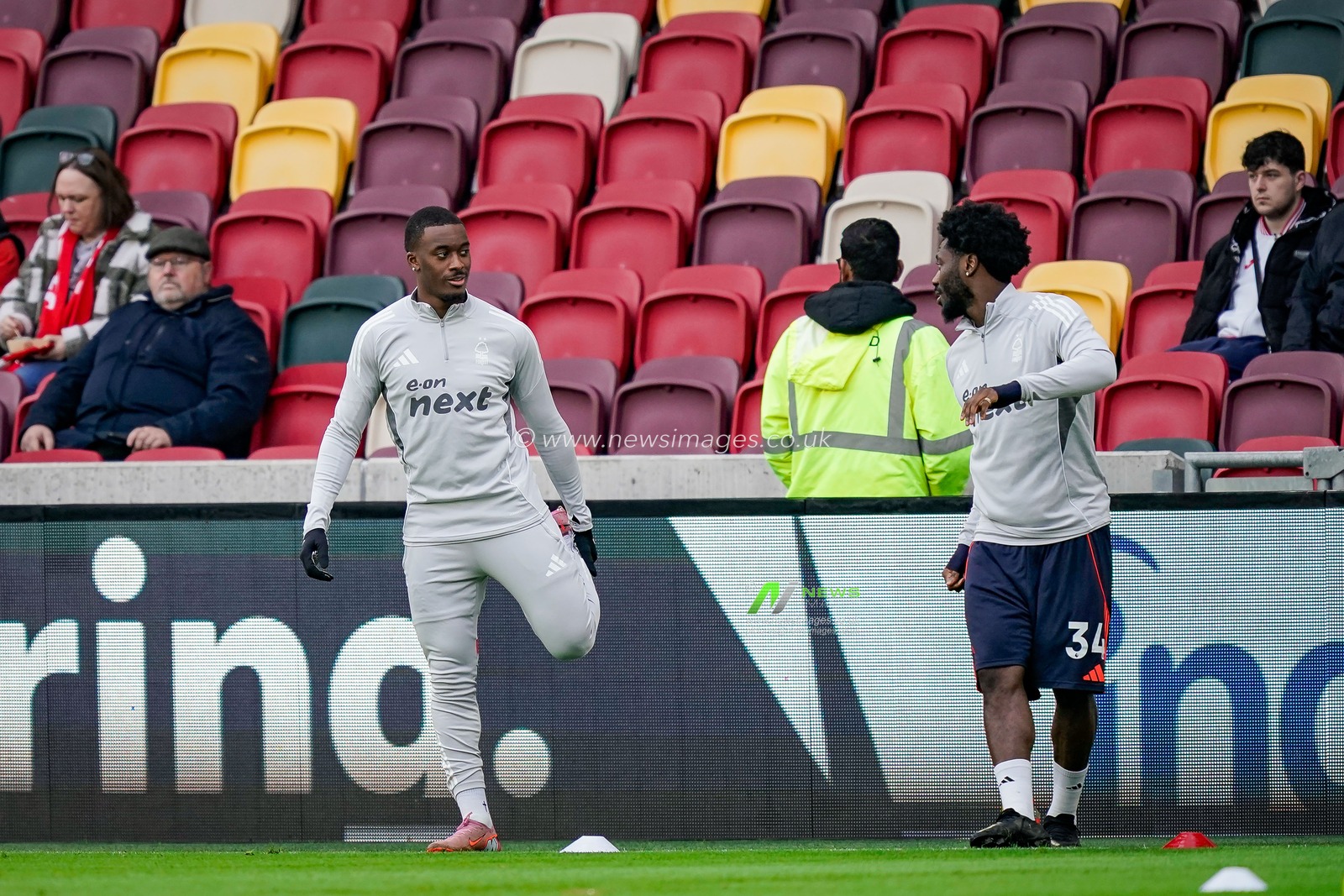 Callum Hudson-Odoi of Nottingham Forest and Ola Aina of Nottingham Forest in the pregame warmup session  during the Premier League match Brentford vs Nottingham Forest at The Gtech Community Stadium, London, United Kingdom, 25th January 2026

(Photo by Maynard Manyowa/News Images)