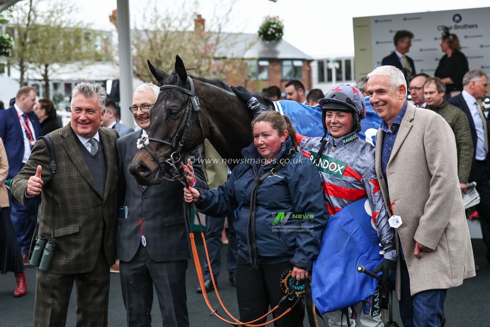 Bryony Frost horse owner Mr Andy Peake and trainer Paul Nicholls after winning the 4.40pm The Close Brothers Red Rum Handicap Steeple Chase (Class 1) during the Randox Grand National 2024 Opening Day at Aintree Racecourse, Liverpool, United Kingdom, 11th April 2024

(Photo by Mark Cosgrove/News Images)