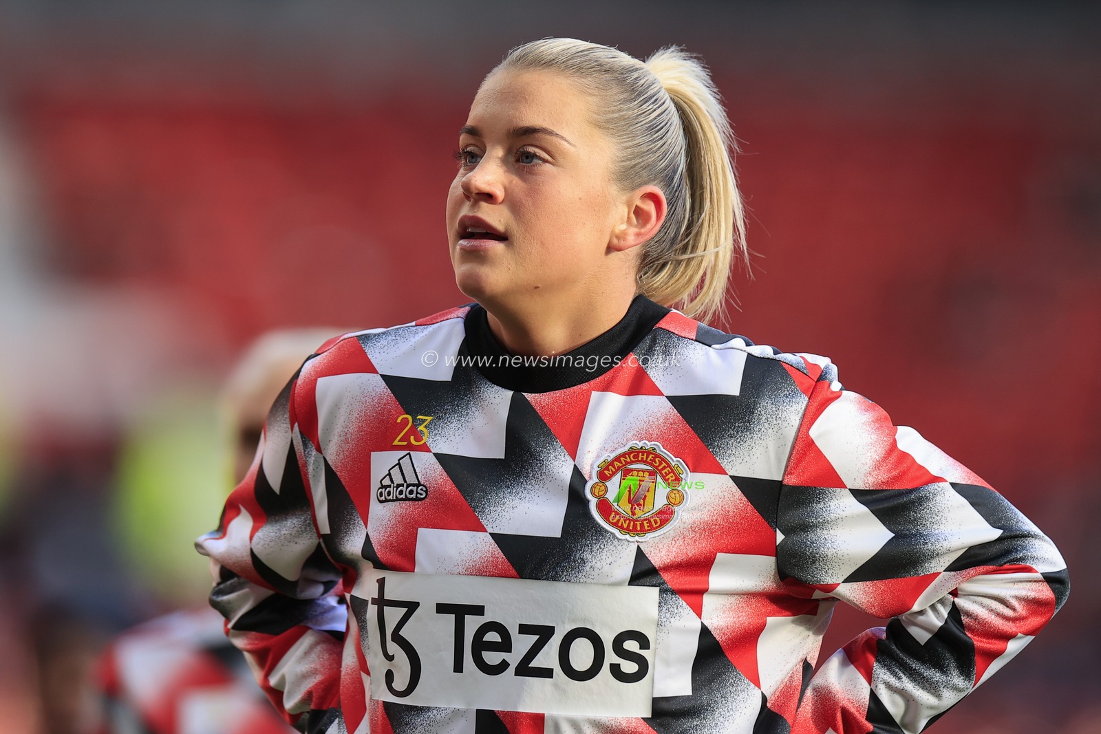 Alessia Russo #23 of Manchester United during the warm up ahead of The FA Women's Super League match Manchester United Women vs Aston Villa Women at Old Trafford, Manchester, United Kingdom, 3rd December 2022

(Photo by Conor Molloy/News Images)