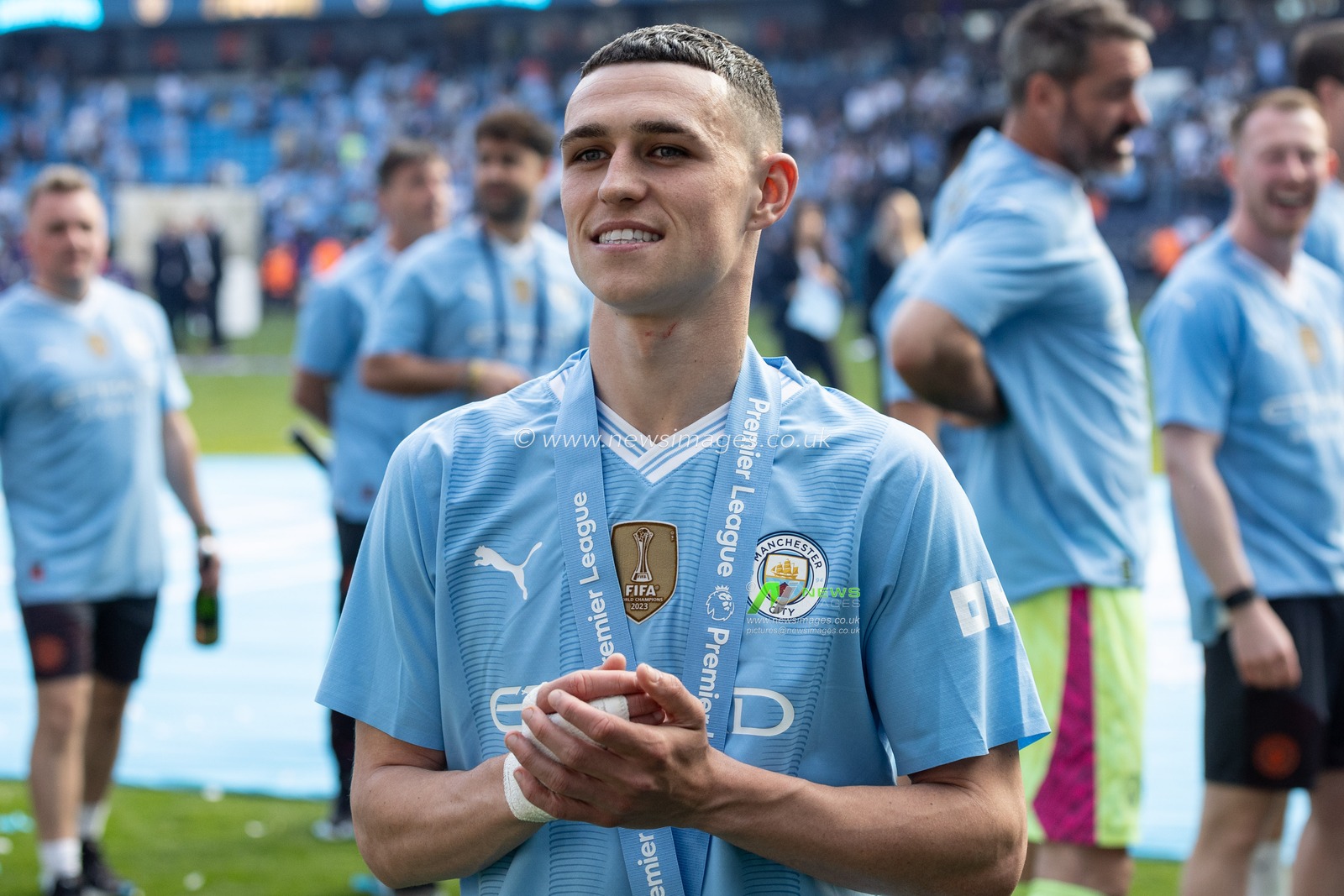 Phil Foden of Manchester City after the final whistle and winning the Premier League during the Premier League match Manchester City vs West Ham United at Etihad Stadium, Manchester, United Kingdom, 19th May 2024

(Photo by Mark Cosgrove/News Images)