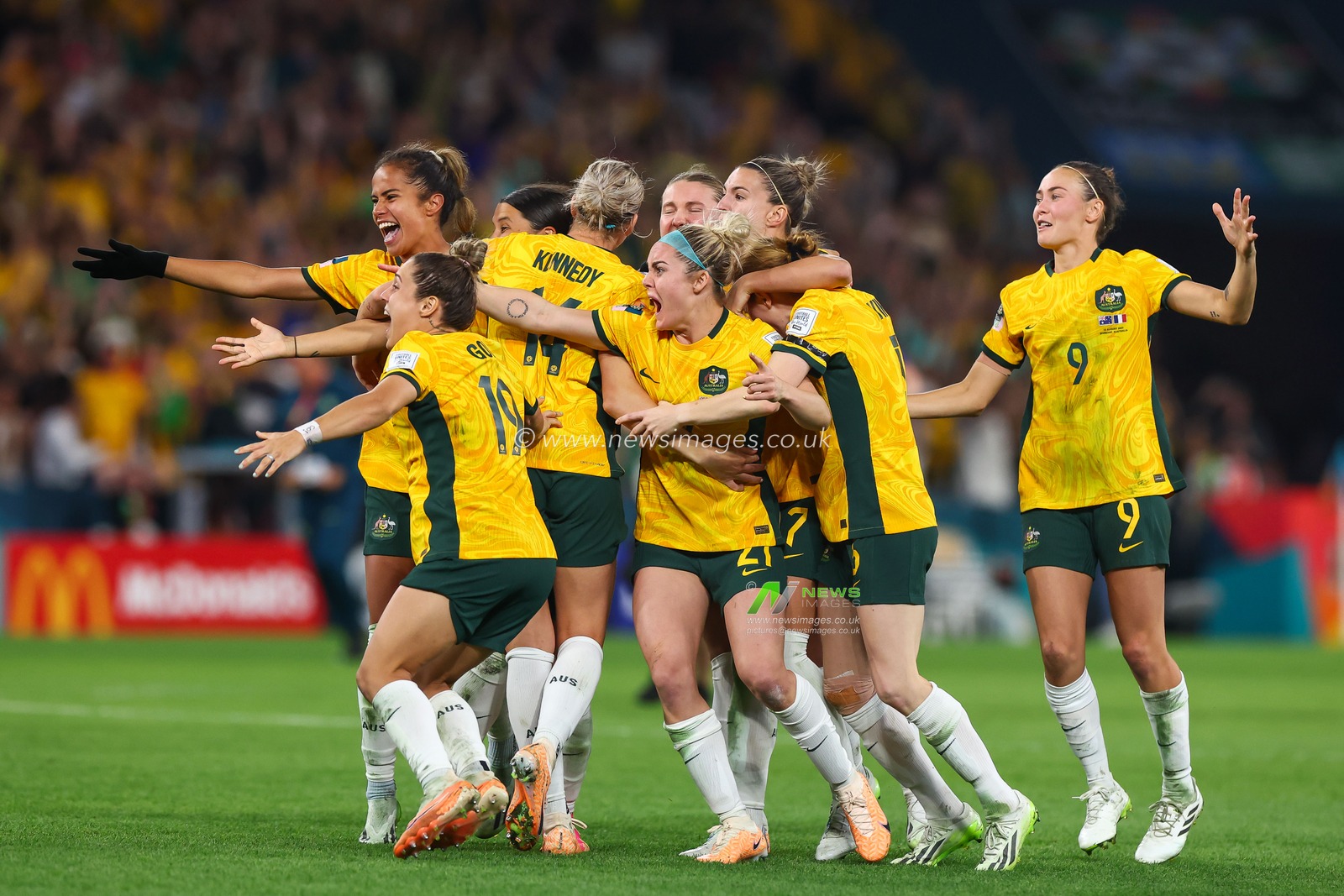 Australia players celebrate winning the penalty shoot out it win the FIFA Women's World Cup 2023 Quarter-Final match Australia Women vs France Women at Suncorp Stadium, Brisbane, Australia, 12th August 2023

(Photo by Patrick Hoelscher/News Images)