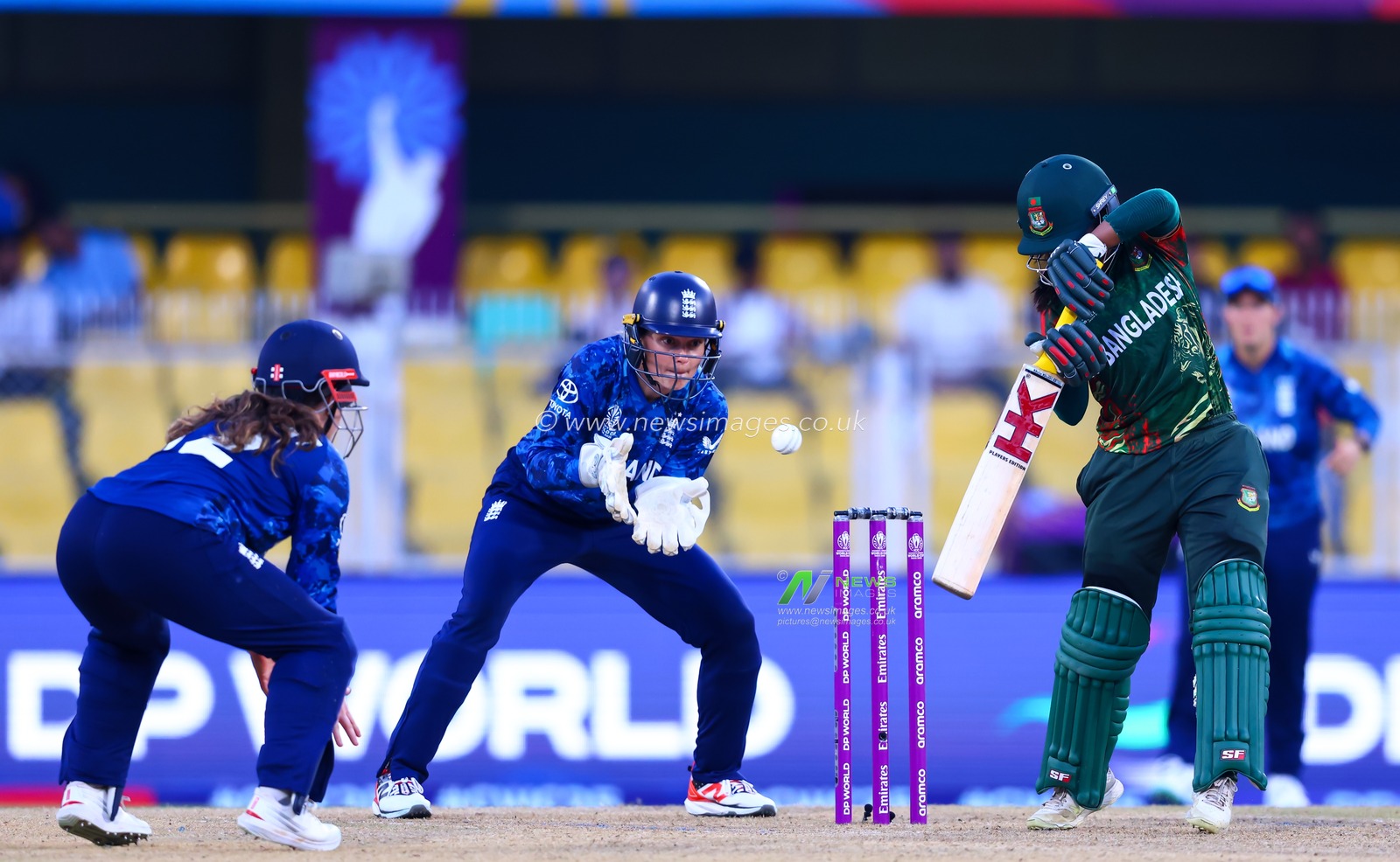 Shorna Akter of Bangladesh caught behind by Amy Jones of England celebrated by Tammy Beaumont of England during the ICC Women's World Cup match England Women vs Bangladesh Women at ACA Barsapara Cricket Stadium, Guwahati, Assam/ India, 7th October 2025

(Photo by Shubhajit Roy Karmakar/News Images)