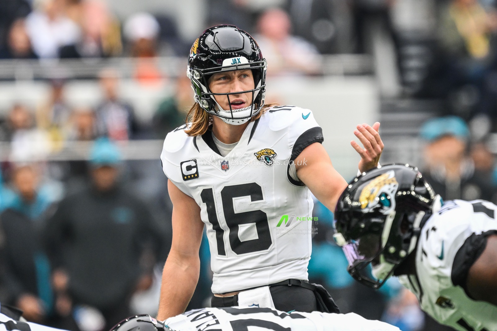 Trevor Lawrence of the Jacksonville Jaguars just a team mate instructions during the Week 6 match Chicago Bears vs Jacksonville Jaguars at Tottenham Hotspur Stadium, London, United Kingdom, 13th October 2024

(Photo by Craig Thomas/News Images)