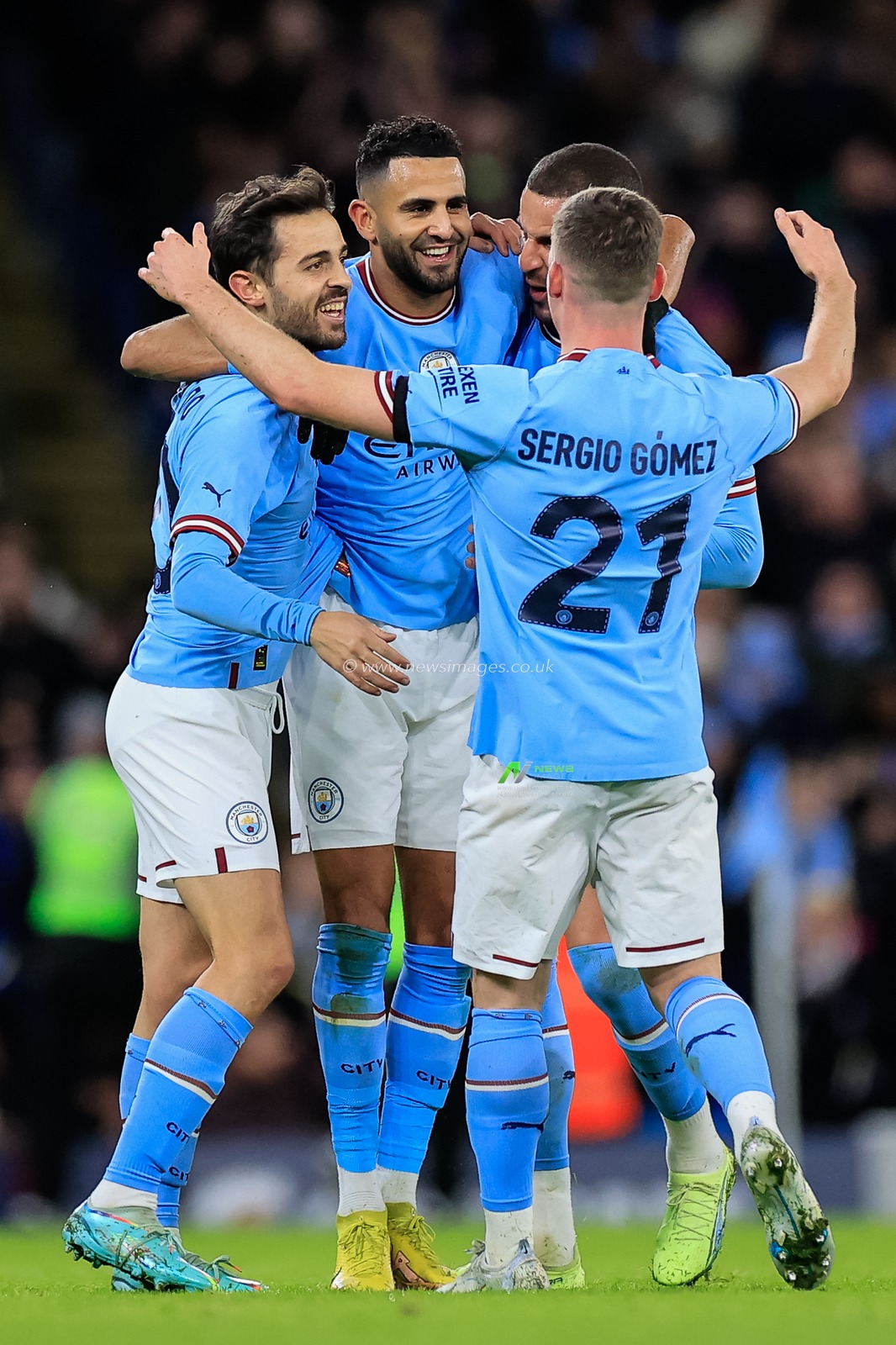 Riyad Mahrez #26 of Manchester City celebrates his goal with his team mates and makes the score 1-0 during the Emirates FA Cup Third Round match Manchester City vs Chelsea at Etihad Stadium, Manchester, United Kingdom, 8th January 2023

(Photo by Conor Molloy/News Images)