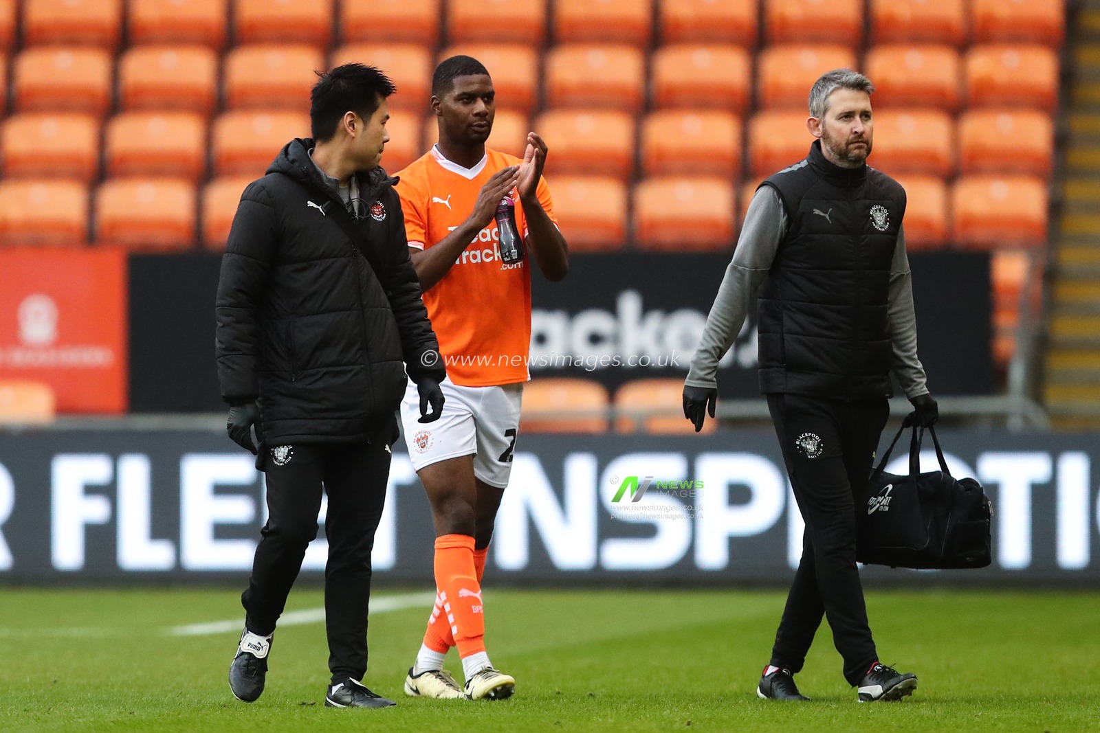 Odeluga Offiah of Blackpool leaves the pitch with an injury during the Emirates FA Cup 2nd Round match Blackpool vs Birmingham City at Bloomfield Road, Blackpool, United Kingdom, 1st December 2024

(Photo by Gareth Evans/News Images)