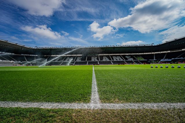 A general view of the pitch, the rams seat pattern and the stands during the Sky Bet Championship match Derby County vs Sheffield United at Pride Park Stadium, Derby, United Kingdom on 02 May 2026

(Photo by Maynard Manyowa/News Images)