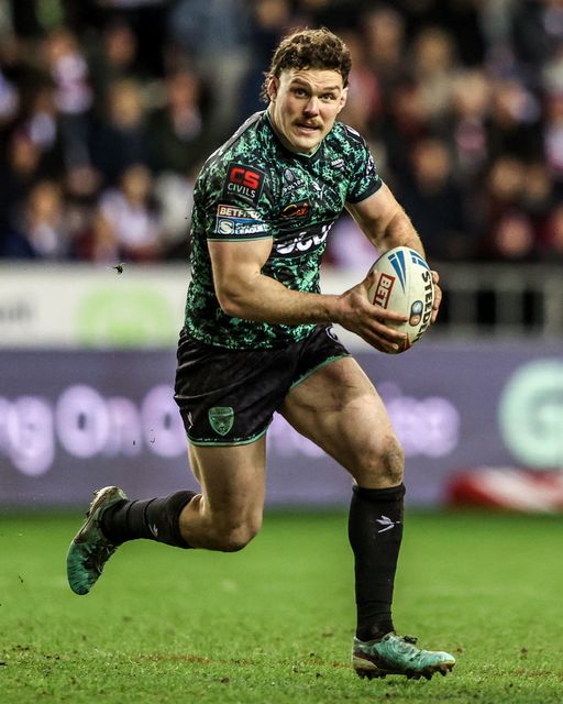 Robbie Mulhern of Leigh Leopards breaks with the ball during the Betfred Super League match Wigan Warriors vs Leigh Leopards at The Brick Community Stadium, Wigan, United Kingdom on 26 February 2026

(Photo by Alfie Cosgrove/News Images)