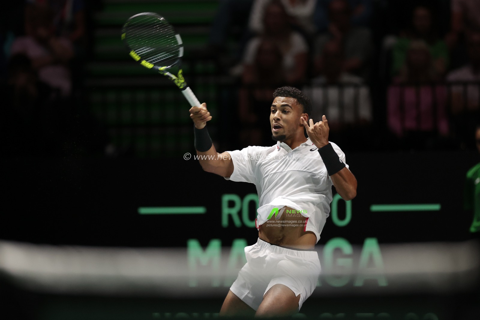 Arthur Fils (FRA) in action) in action against Daniel Evans (GBR) during his Davis Cup match Great Britain vs France at Manchester AO Arena, Manchester, United Kingdom, 17th September 2023

(Photo by Conor Molloy/News Images)