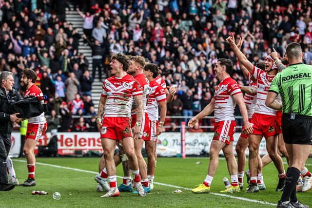 Bill Leyland of St Helens celebrates his try during the Betfred Super League round 7 match St Helens vs Wigan Warriors at The BrewDog Stadium, St Helens, United Kingdom on 03 April 2026

(Photo by Alfie Cosgrove/News Images)