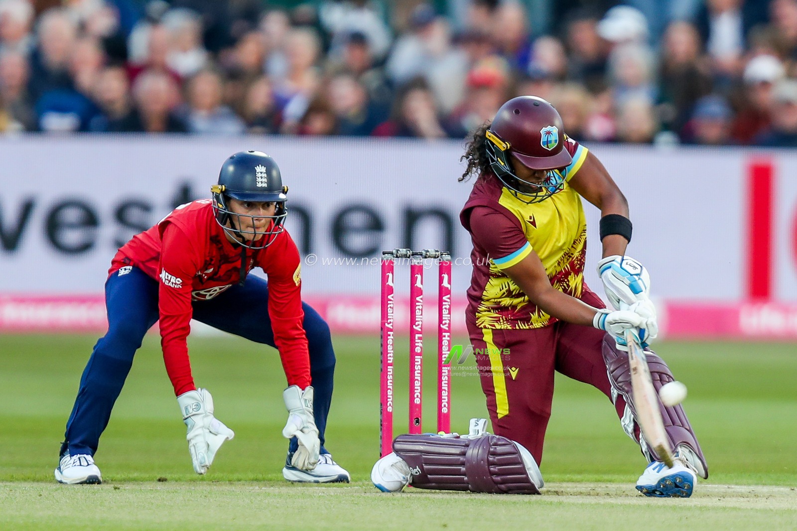 Hayley Matthews of West Indies Women hits the ball for four runs during the 1st Vitality IT20 Series England Women v West Indies Women at The Spitfire Ground, Canterbury, United Kingdom, 21st May 2025

(Photo by Izzy Poles/News Images)