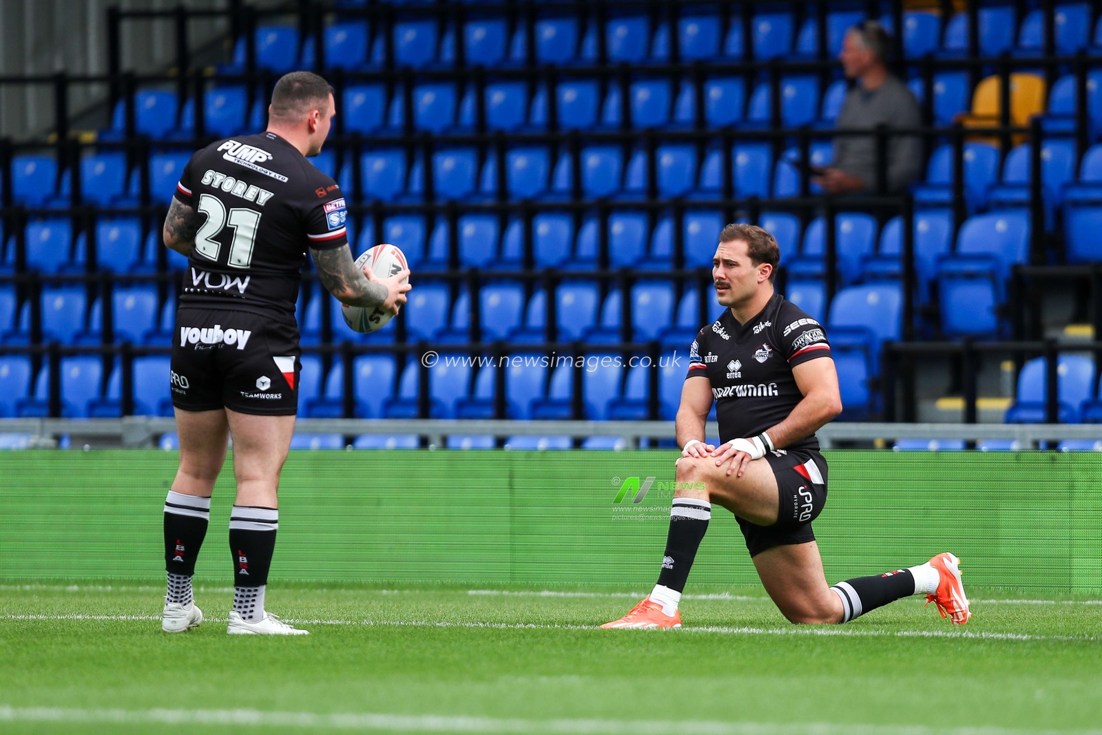 Robbie Storey and Ethan Natoli of London Broncos warms up prior to the Betfred Super League Round 23 match London Broncos vs Leigh Leopards at Plough Lane, Wimbledon, United Kingdom, 25th August 2024

(Photo by Izzy Poles/News Images)