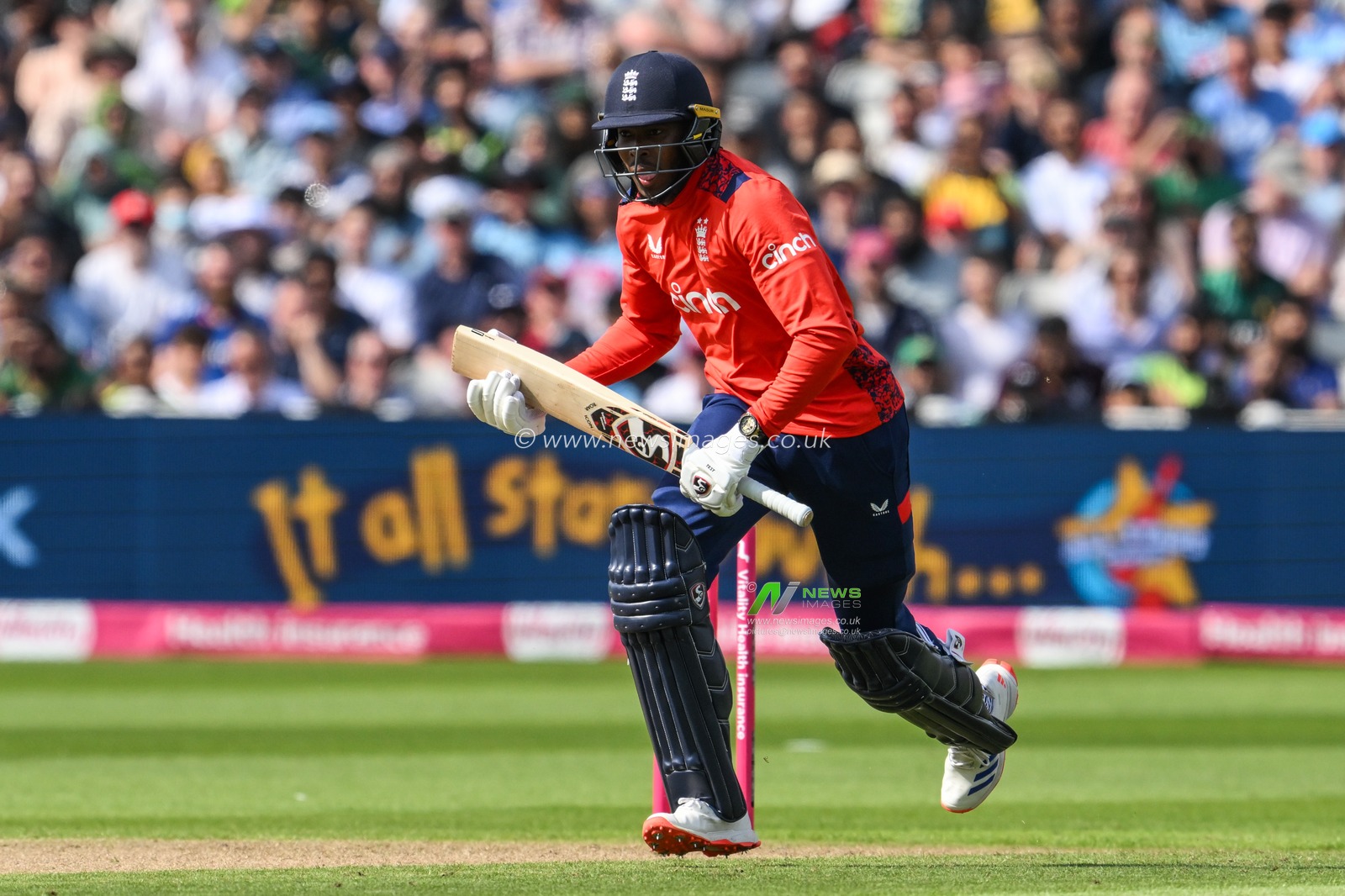 Jofra Archer of England runs between the wickets during the Vitality T20 International Series match England vs Pakistan at Edgbaston, Birmingham, United Kingdom, 25th May 2024

(Photo by Craig Thomas/News Images)