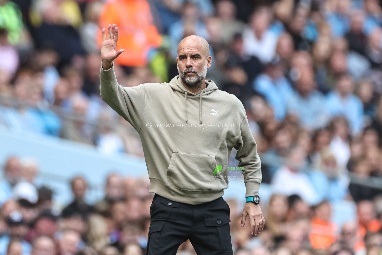 Pep Guardiola manager of Manchester City reacts in the technical area during the Premier League match Manchester City vs Ipswich Town at Etihad Stadium, Manchester, United Kingdom, 24th August 2024

(Photo by Mark Cosgrove/News Images)
