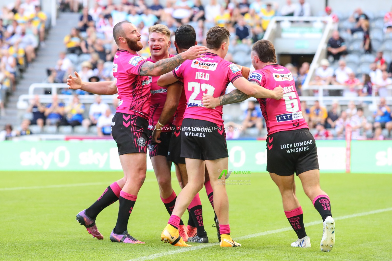 Bevan French #1 of Wigan Warriors celebrates his try to make it 12-16