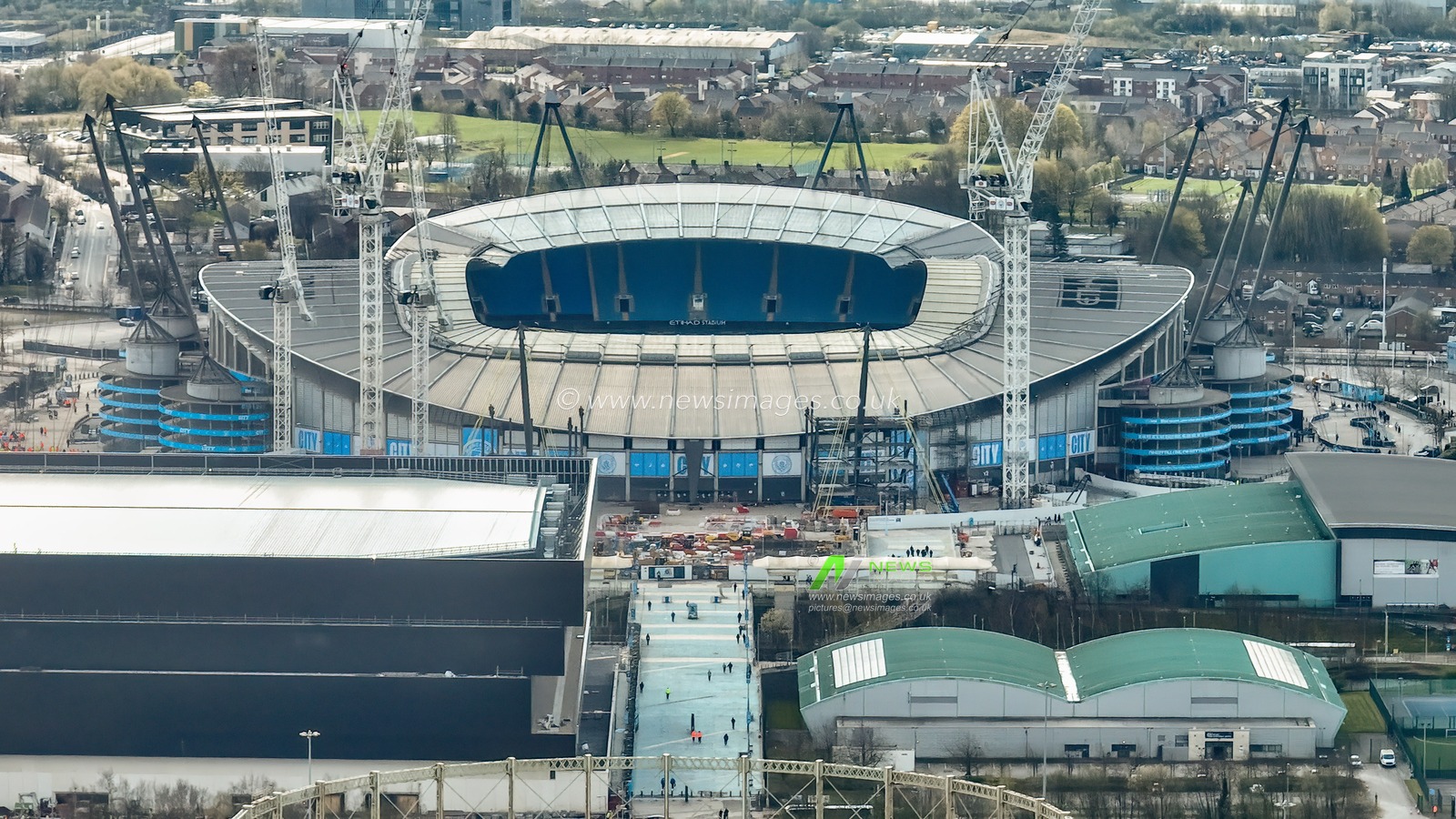 An aerial view of the Etihad Stadium ahead of the Premier League match Manchester City vs Arsenal at Etihad Stadium, Manchester, United Kingdom, 31st March 2024

(Photo by Mark Cosgrove/News Images)
