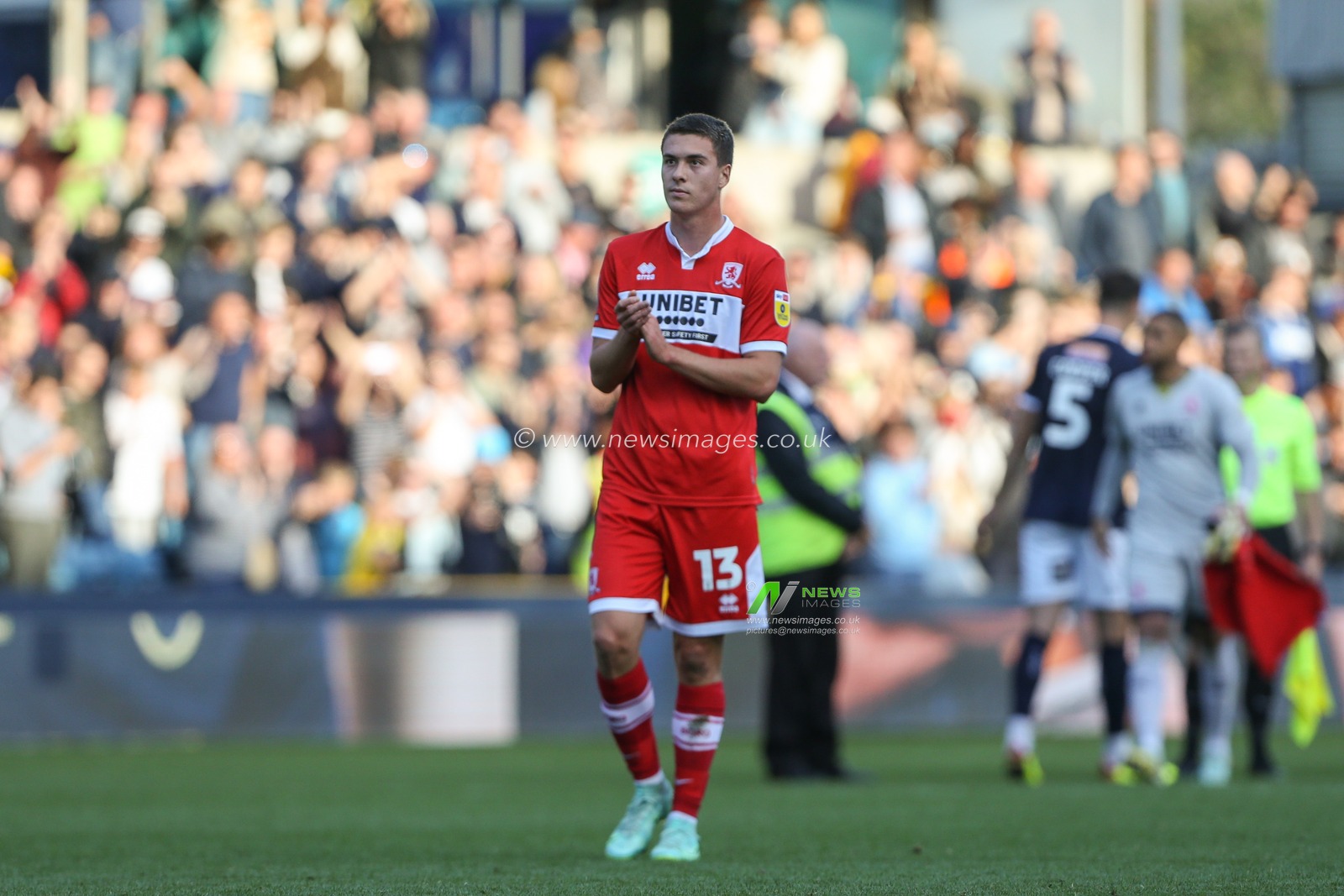 Matthew Hoppe #13 of Middlesbrough acknowledges the supporters during the Sky Bet Championship match Millwall vs Middlesbrough at The Den, London, United Kingdom, 8th October 2022

(Photo by Arron Gent/News Images)