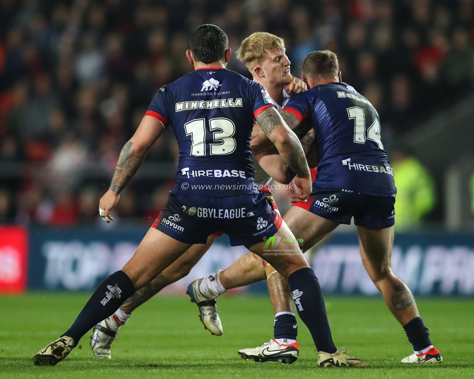 George Delaney of St. Helens is tackled during the Betfred Super League Round 4 match St Helens vs Hull KR at Totally Wicked Stadium, St Helens, United Kingdom, 7th March 2025

(Photo by Gareth Evans/News Images)