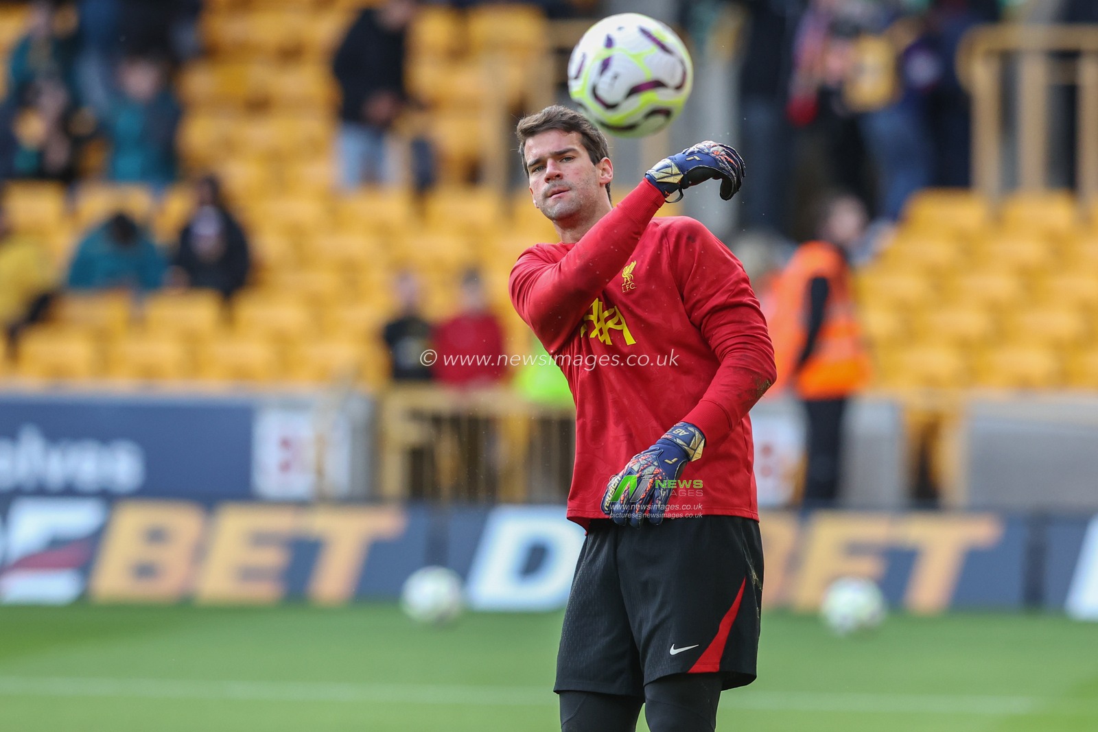Alisson Becker of Liverpool in the pregame warmup session during the Premier League match Wolverhampton Wanderers vs Liverpool at Molineux, Wolverhampton, United Kingdom, 28th September 2024

(Photo by Alfie Cosgrove/News Images)