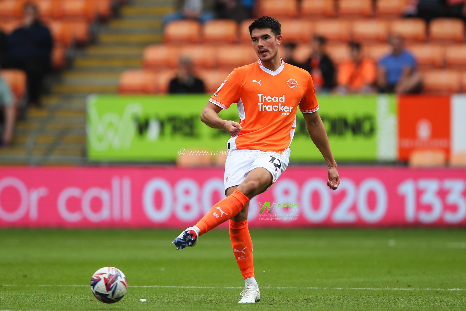 Elkan Baggott of Blackpool in action during the Sky Bet League 1 match Blackpool vs Stockport County at Bloomfield Road, Blackpool, United Kingdom, 17th August 2024

(Photo by Gareth Evans/News Images)