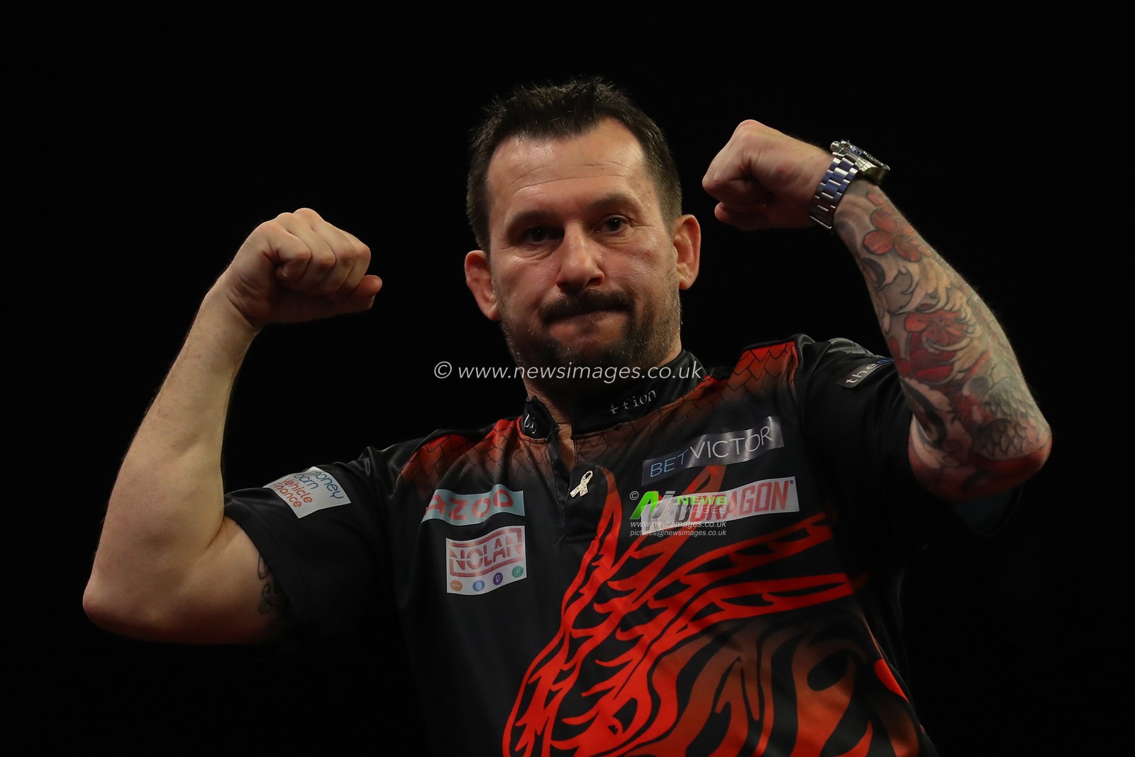 Jonny Clayton celebrates winning the match during the 2023 Cazoo PDC Premier League Darts Night 10 at Utilita Arena Birmingham, Birmingham, United Kingdom, 6th April 2023

(Photo by Gareth Evans/News Images)