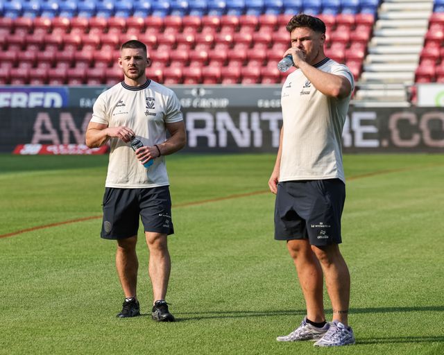 Danny Walker of Warrington Wolves and Joe Philbin of Warrington Wolves during the Betfred Super League round 18 match Wigan Warriors vs Warrington Wolves at The Brick Community Stadium, Wigan, United Kingdom on 10 July 2026

(Photo by Mark Cosgrove/News Images)