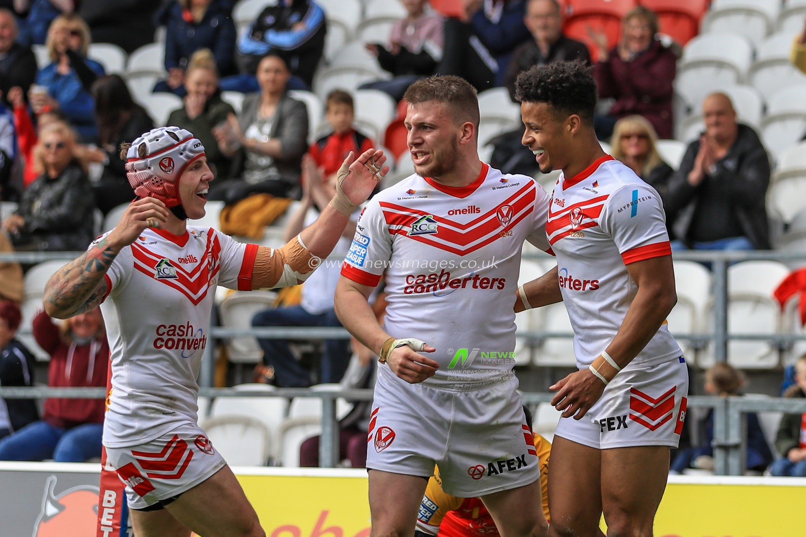 28th April 2019 , Totally Wicked Stadium, St Helens, England;  Betfred Super League, Round 13, St Helens vs Catalans Dragons ; Matthew Costello (24) of St Helens  celebrates his try 

Credit: Mark Cosgrove/News Images