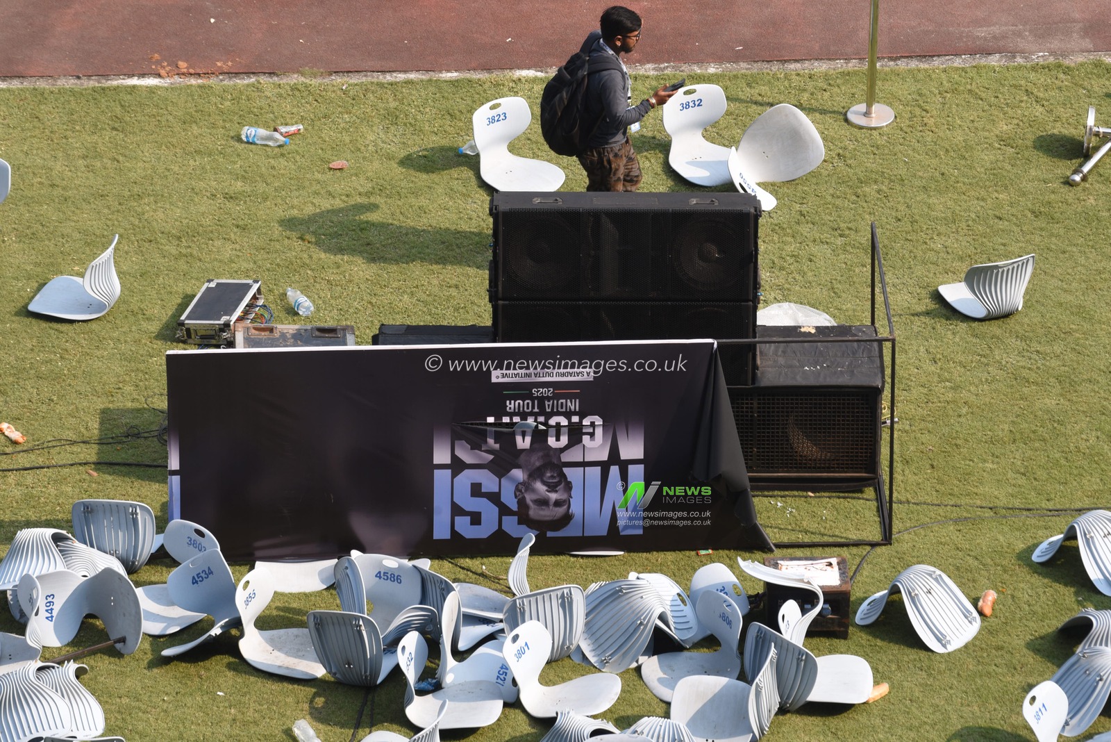 Argentine soccer star Lionel Messi concludes his whirlwind tour of India at Vivekananda Yuva Bharati Krirangan, Kolkata, on December 13, 2025. Plastic water bottles and chairs are scattered across the field following his departure..Photo by Debajyoti Chakraborty.