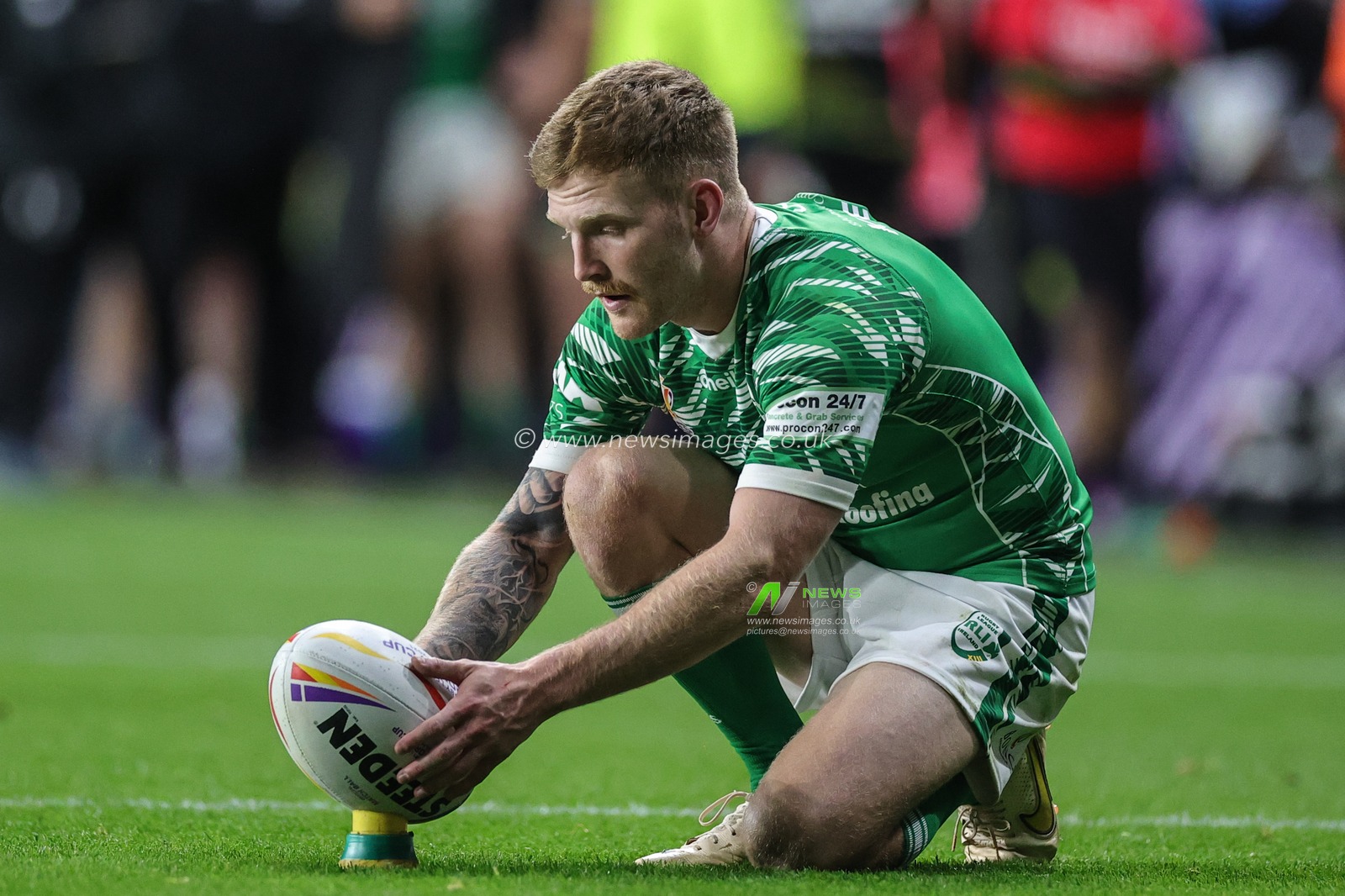 Joe Keyes of Ireland lines up the ball for a goal kick during the Rugby League World Cup 2021 match Jamaica vs Ireland at Headingley Stadium, Leeds, United Kingdom, 16th October 2022

(Photo by Mark Cosgrove/News Images)