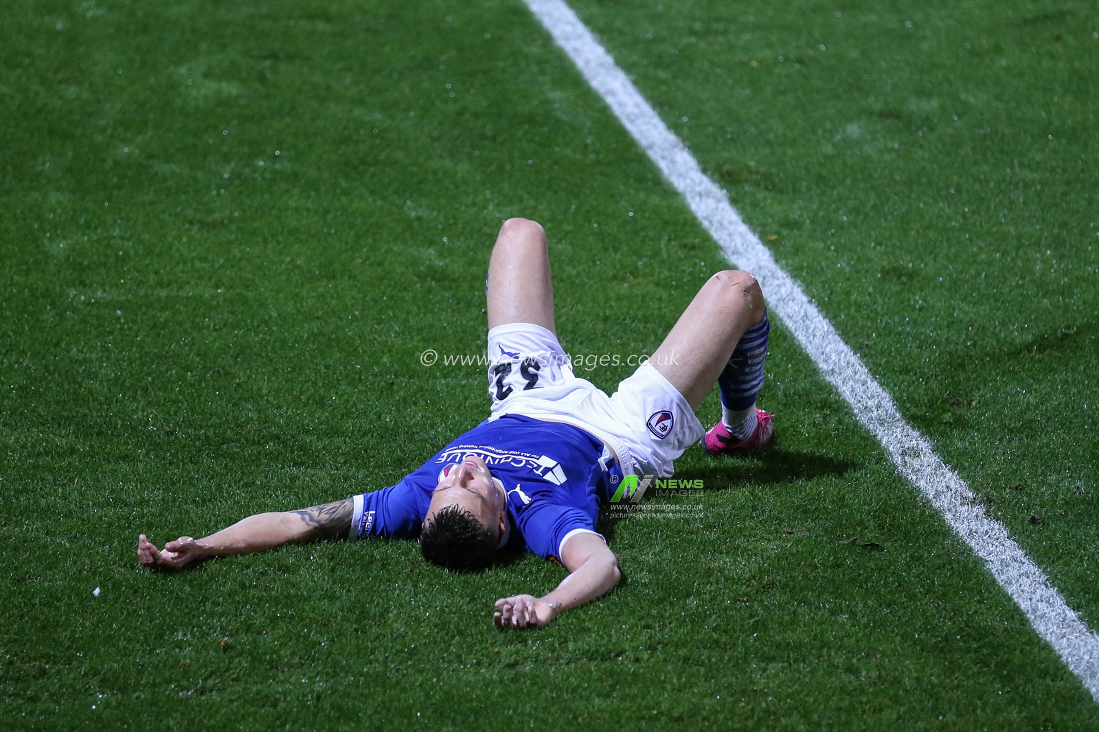 Jordan Cropper #32 of Chesterfield reacts to his cross that goes out for a goal kick