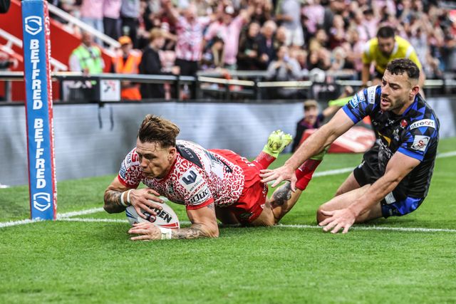 Keanan Brand of Leigh Leopards goes over for a try during the Betfred Super League round 21 match Leigh Leopards vs Leeds Rhinos at Leigh Sports Village, Leigh, United Kingdom, 7th August 2025

(Photo by Alfie Cosgrove/News Images)