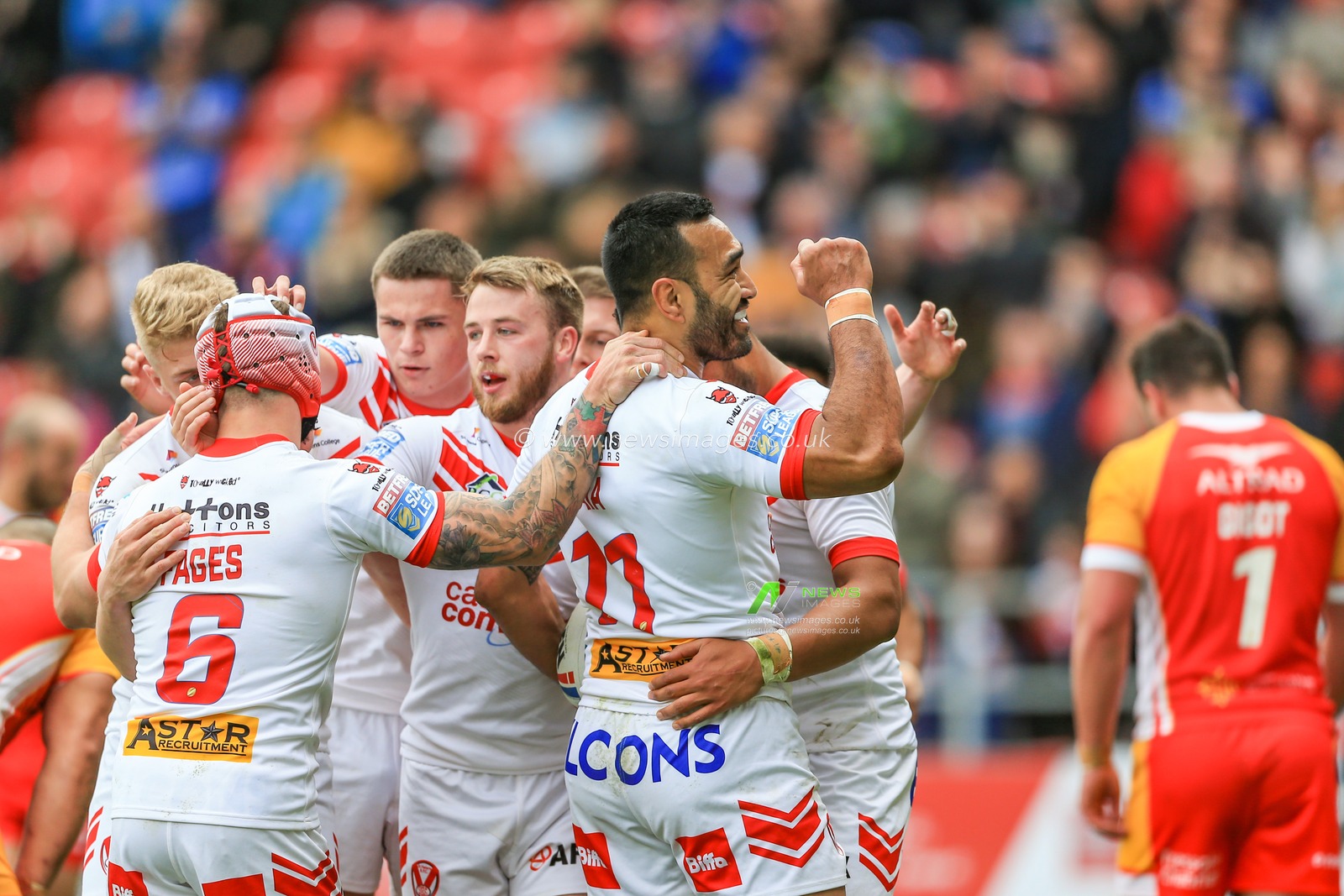 28th April 2019 , Totally Wicked Stadium, St Helens, England;  Betfred Super League, Round 13, St Helens vs Catalans Dragons ; Zeb Tala (11) of St Helens celebrates his try 

Credit: Mark Cosgrove/News Images
