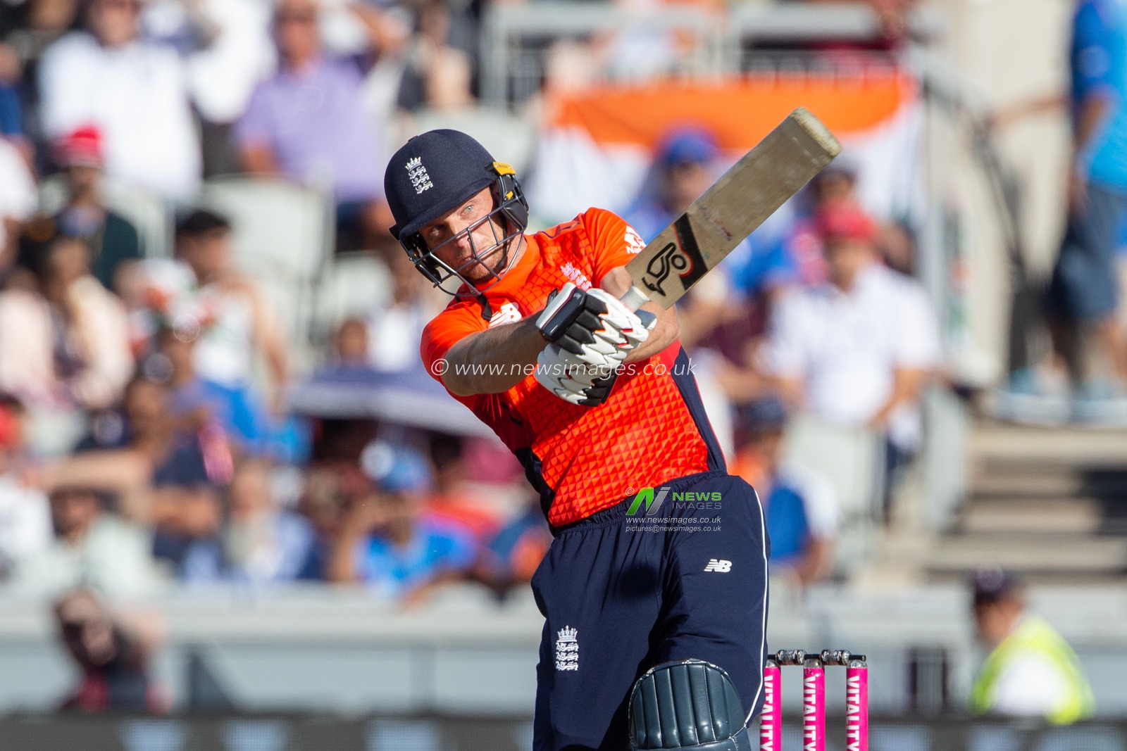 3rd of July 2018 , Emirates Old Trafford, Manchester, England, 1st IT20, Vitality IT20 Series, England v India; Jos Buttler of England hits a six