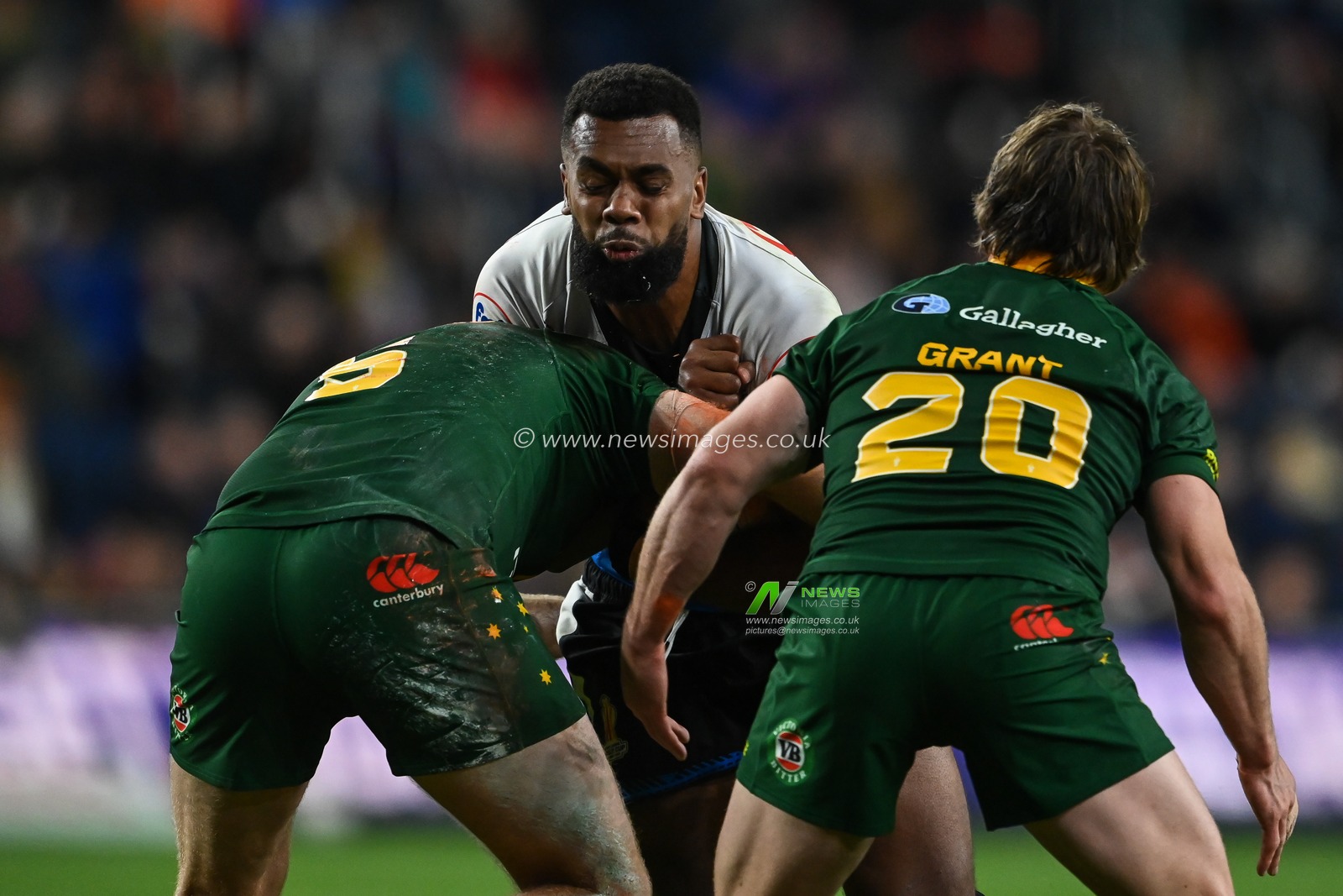 Ben Nakubuwai of Fiji is tackled by Jake Trbojevic of Australia  during the Rugby League World Cup 2021 match Australia vs Fiji at Headingley Stadium, Leeds, United Kingdom, 15th October 2022

(Photo by Craig Thomas/News Images)