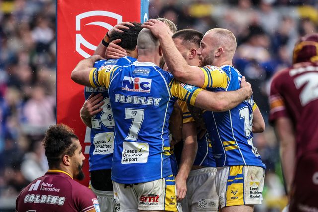 Kallum Watkins of Leeds Rhinos celebrates his try during the Betfred Super League Round 8 match Leeds Rhinos vs Huddersfield Giants at Headingley Stadium, Leeds, United Kingdom, 18th April 2025

(Photo by Alfie Cosgrove/News Images)