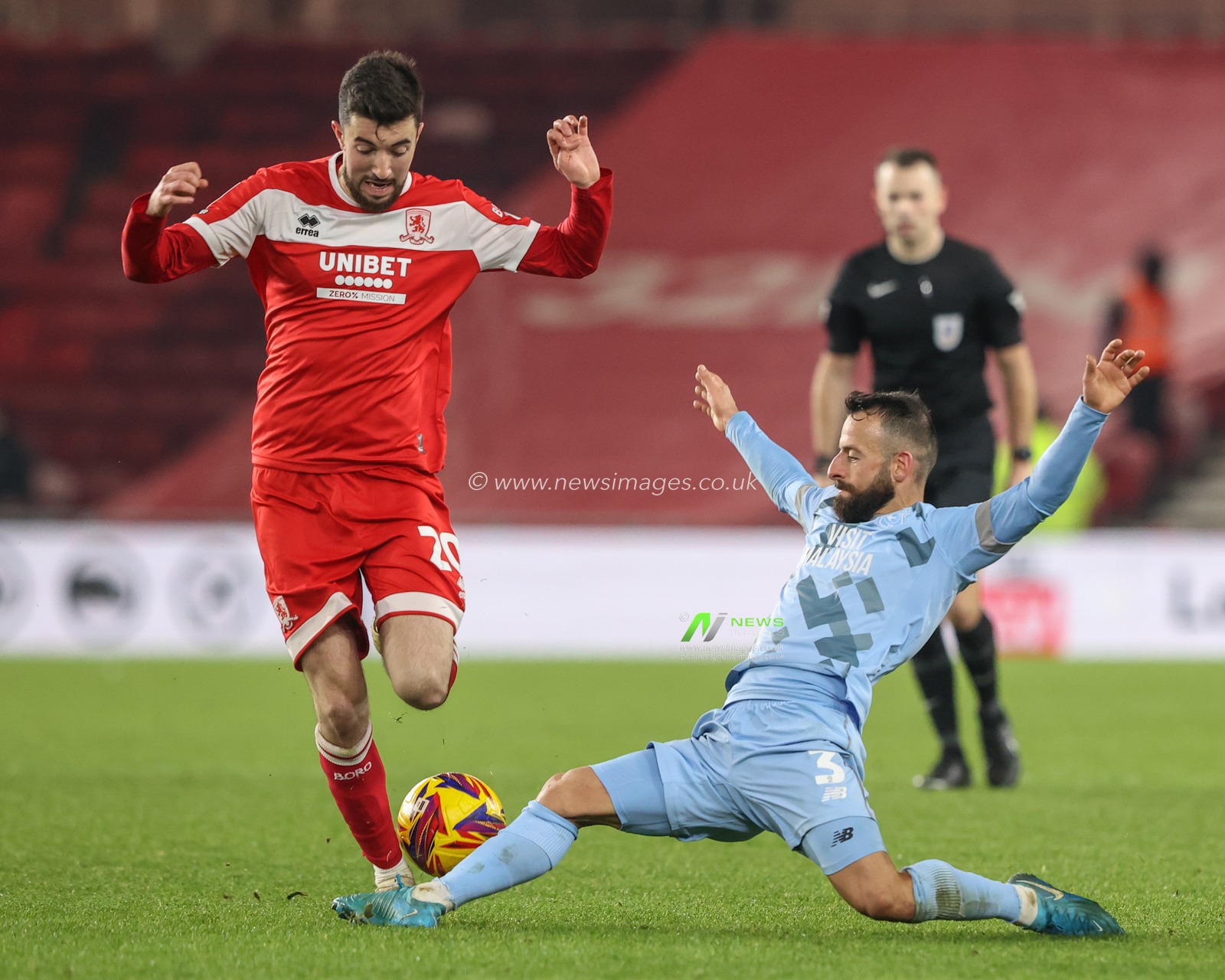 Finn Azaz of Middlesbrough is tackled by Manolis Siopis of Cardiff City during the Sky Bet Championship match Middlesbrough vs Cardiff City at Riverside Stadium, Middlesbrough, United Kingdom, 4th January 2025

(Photo by Alfie Cosgrove/News Images)