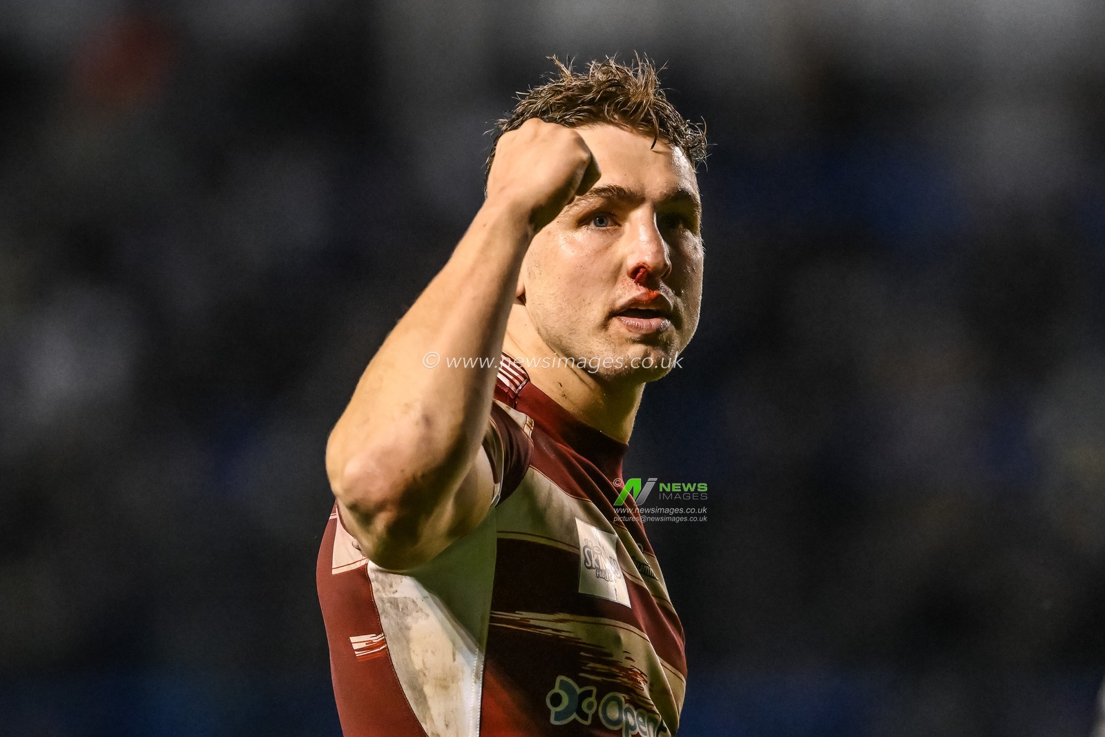 Sam Powell #9 of Wigan Warriors celebrates the win with the fans at the end of the Betfred Super League Round 9 match Warrington Wolves vs Wigan Warriors at Halliwell Jones Stadium, Warrington, United Kingdom, 14th April 2023

(Photo by Craig Thomas/News Images)