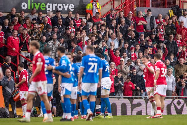 Wrexham fans jeer Stockport County's Brad Hills following his red card during the Sky Bet League 1 match Wrexham vs Stockport County at SToK Cae Ras, Wrexham, United Kingdom, 22nd March 2025

(Photo by Nik Mesney/News Images)
