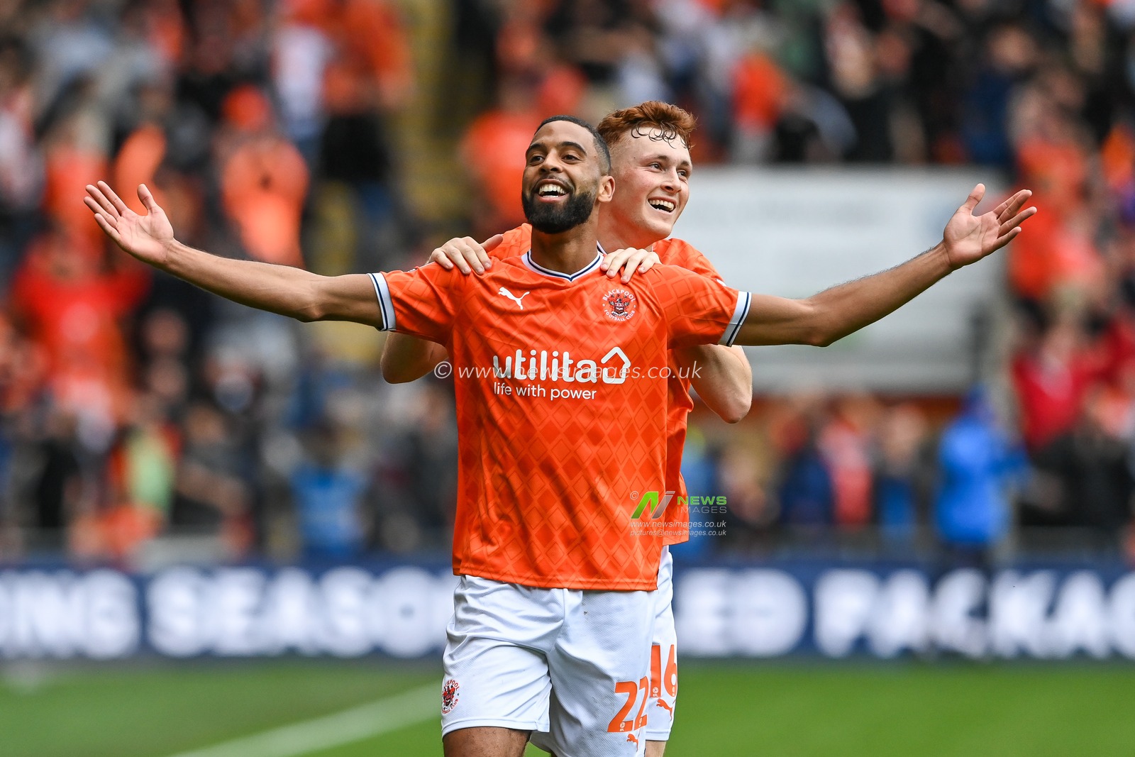 CJ Hamilton #22 of Blackpool celebrates his goal to make it  4-1 during the Sky Bet Championship match Blackpool vs Preston North End at Bloomfield Road, Blackpool, United Kingdom, 22nd October 2022

(Photo by Craig Thomas/News Images)