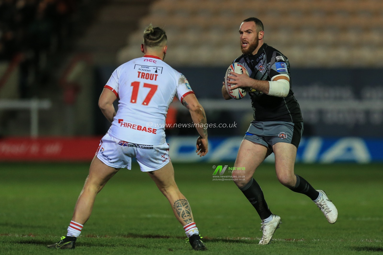 27th February 2020, Hull College Craven Park, Kingston upon Hull, England; Betfred Super League, Hull KR v Castleford Tigers : Daniel Smith (19) of Castleford Tigers runs at Kyle Trout (17) of Hull KR