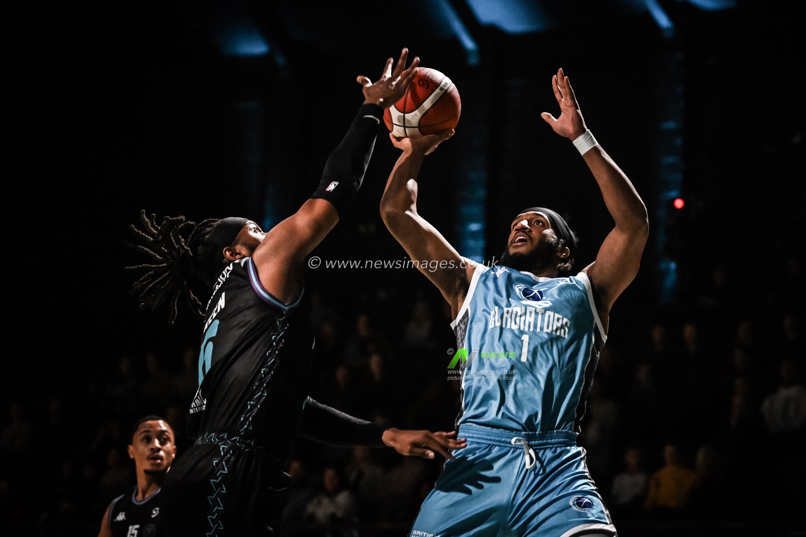 Ian Dubose #1 of Caledonia Gladiators shoots a basket despite pressure from Tyrell Green #6 of Plymouth City Patriots during the British Basketball Championship match Plymouth City Patriots vs Caledonia Gladiators at Plymouth Pavilions, Plymouth, United Kingdom, 3rd November 2023

(Photo by Craig Thomas/News Images)