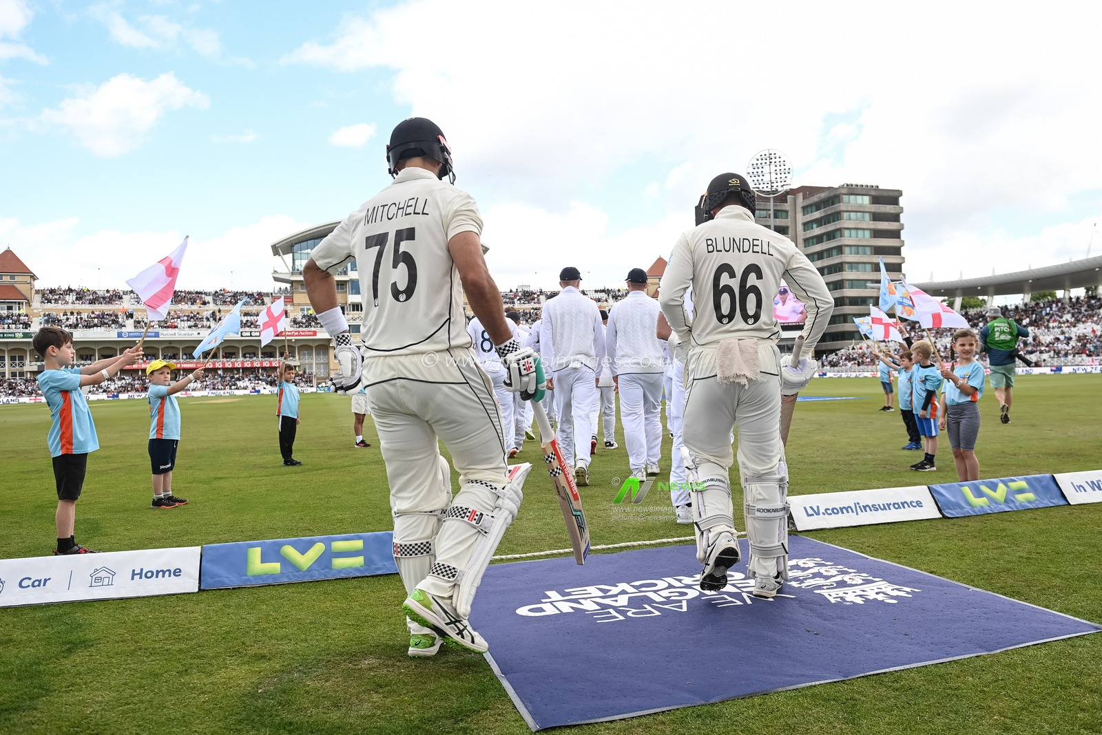 Daryl Mitchell of New Zealand and Tom Blundell of New Zealand walk out for play during day 2 of the 2nd Test between the New Zealand Blackcaps and England at Trent Bridge Cricket Ground, Nottingham, England on Saturday 11 June 2022.