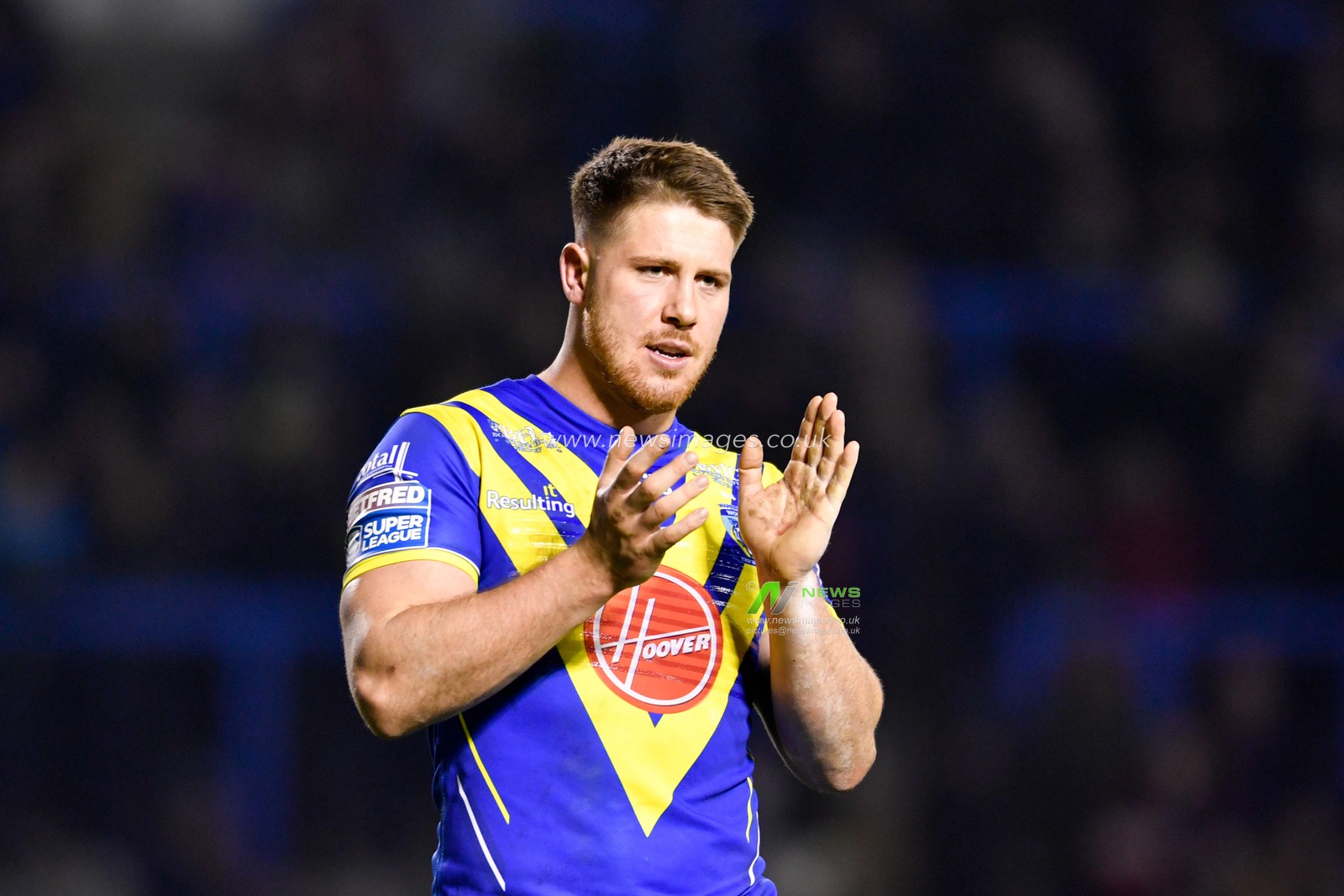 6th February 2020, Halliwell Jones Stadium, Warrington, England; Betfred Super League, Warrington Wolves v Saint Helens : Tom Lineham (2) of Warrington Wolves applauds the home supporters at the end of the game